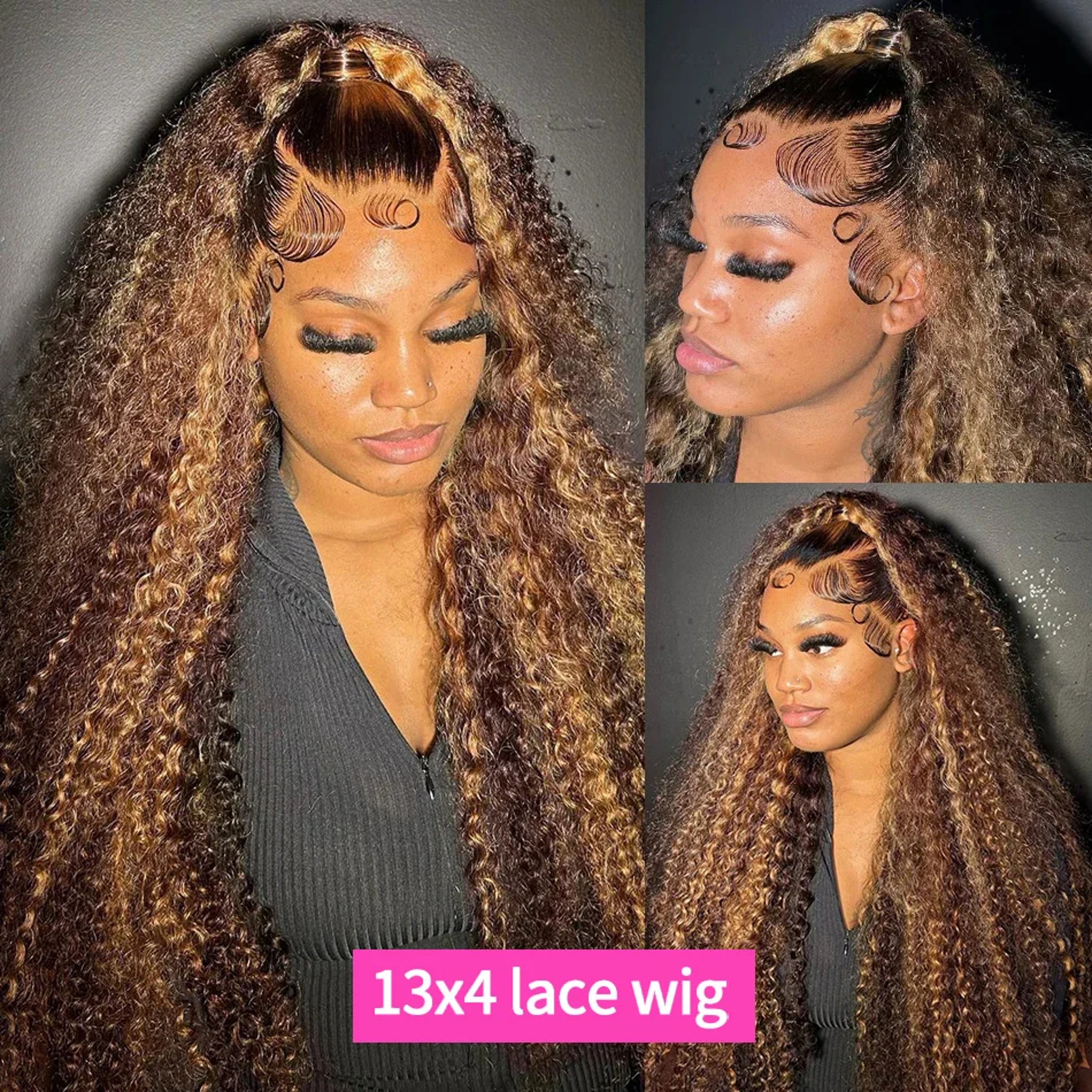 Honey Blonde Highlight Human Hair Wig, Deep Wave Lace Front HD Lace Frontal Curly Brazilian Wig for Women – view 2