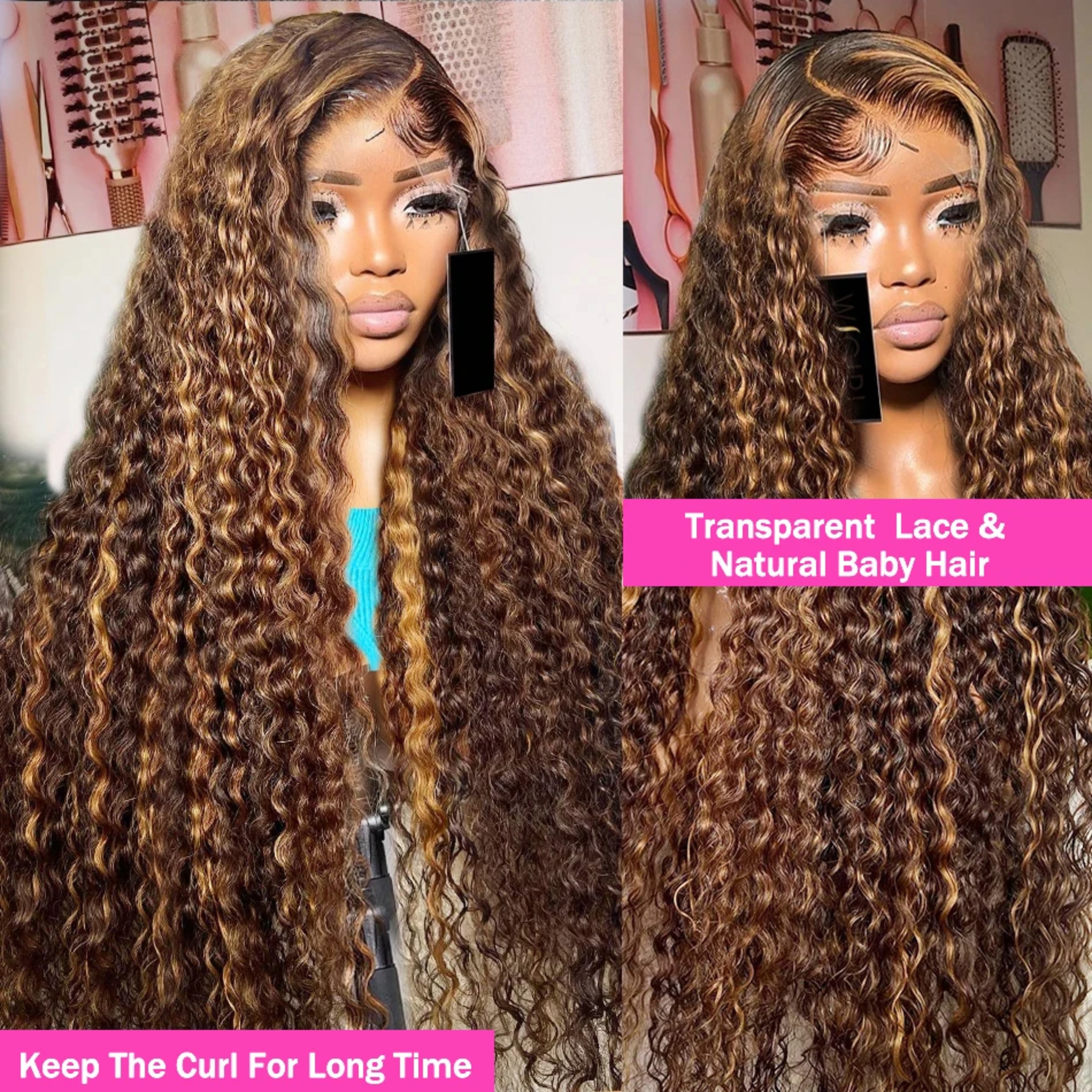 Honey Blonde Highlight Human Hair Wig, Deep Wave Lace Front HD Lace Frontal Curly Brazilian Wig for Women – view 3