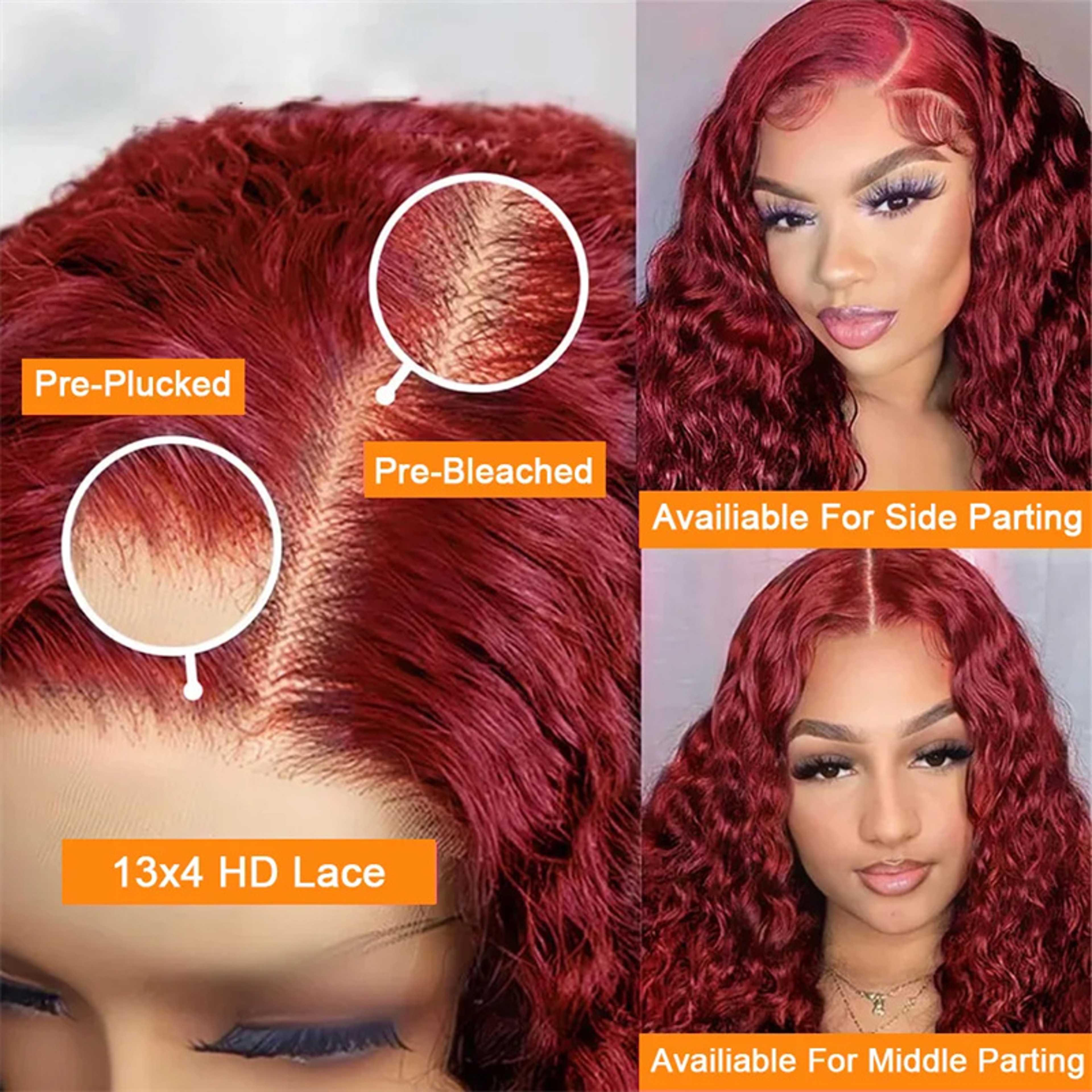 Red Burgundy 13x6 HD Lace Frontal Wig Human Hair, Deep Wave 13x4 Transparent Lace Front Curly Wig Pre-Plucked for Black – view 3