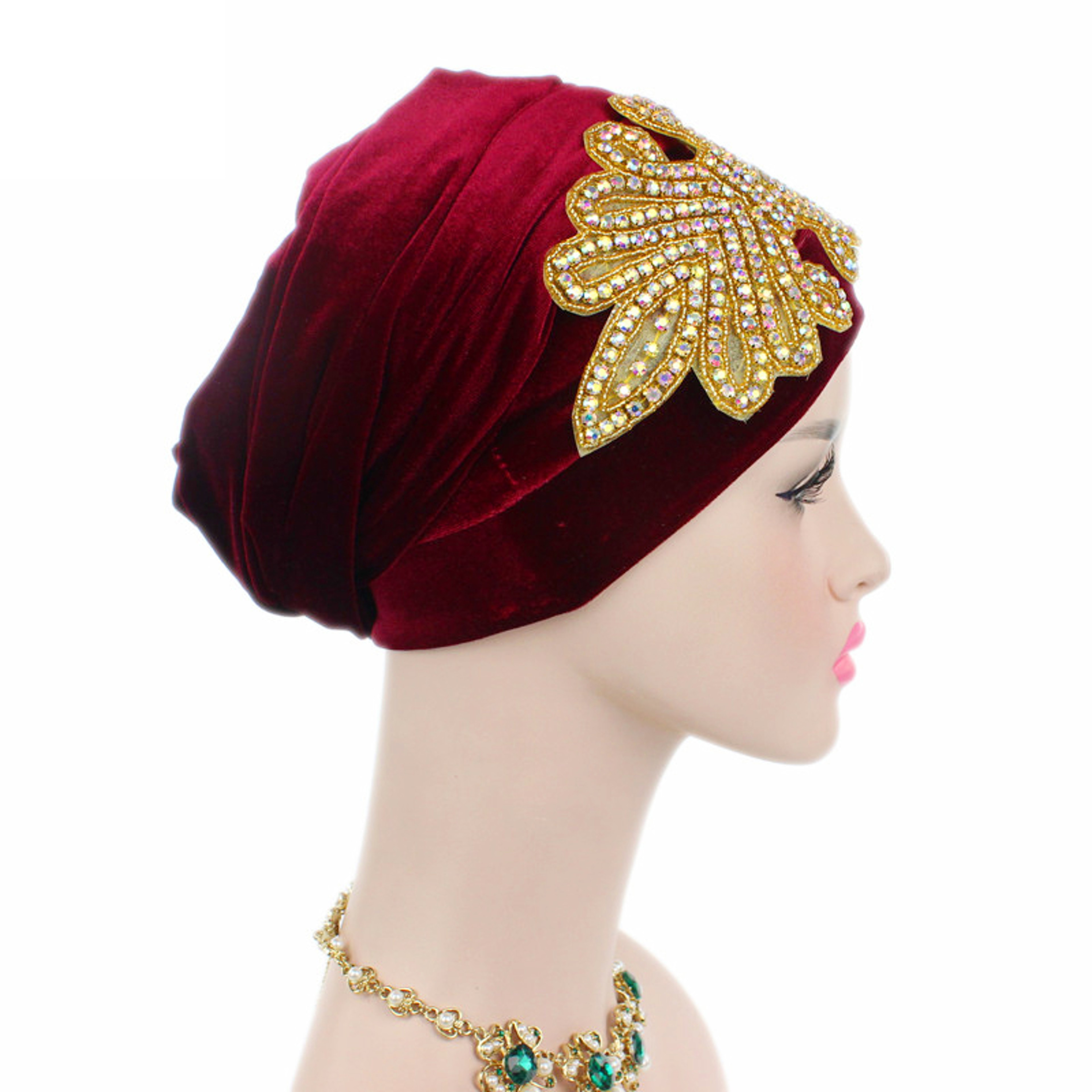 New Luxury Women Rhinestone Velvet Hijab Turban Cap, Muslim Long Tail Headscarf, Nigerian Hijab, Head Scarf & Bandanas – view 2