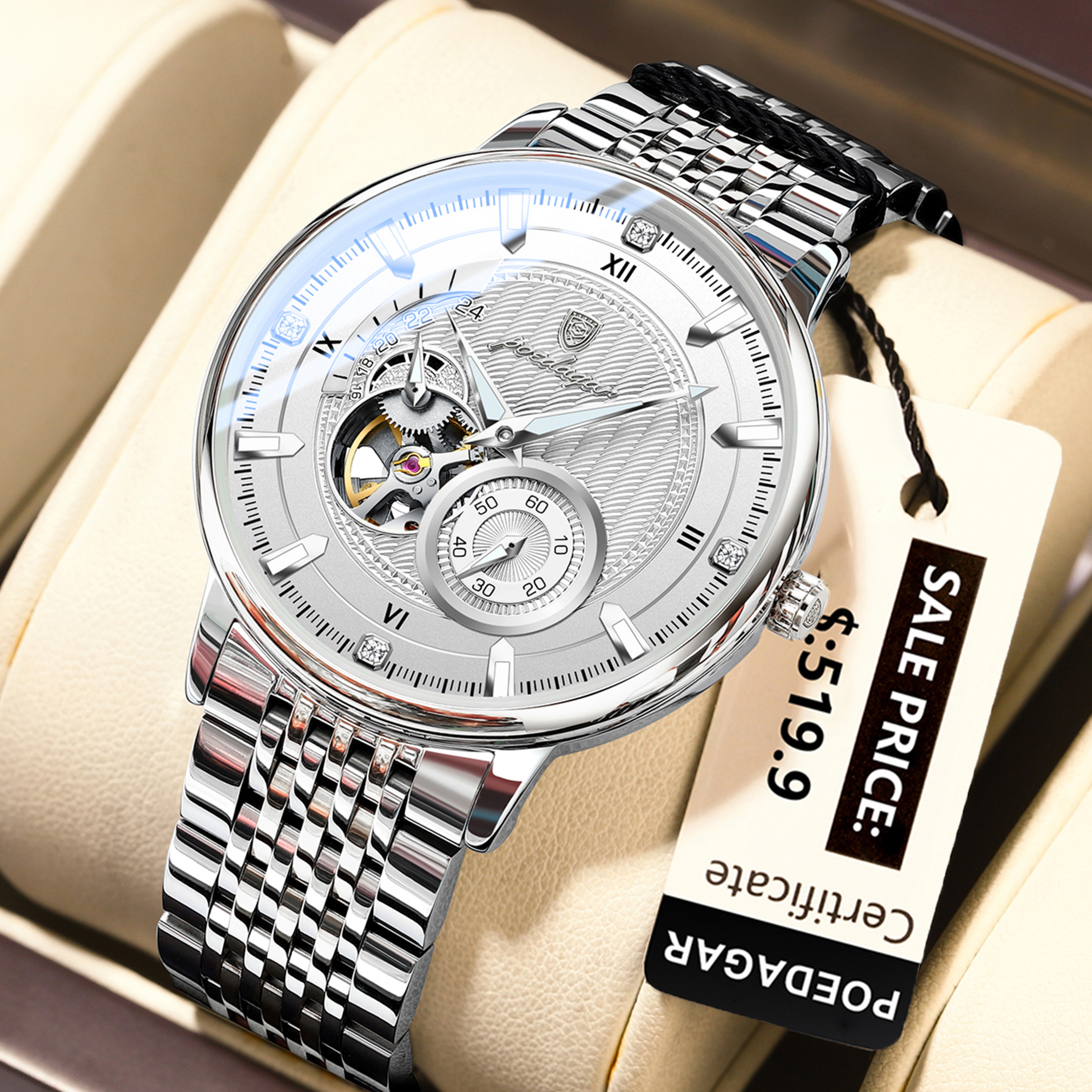 POEDAGAR Luxury Man Wristwatch, Hollow Tourbillon Stainless Steel Watch, Automatic Mechanical Luminous Men Reloj – view 12