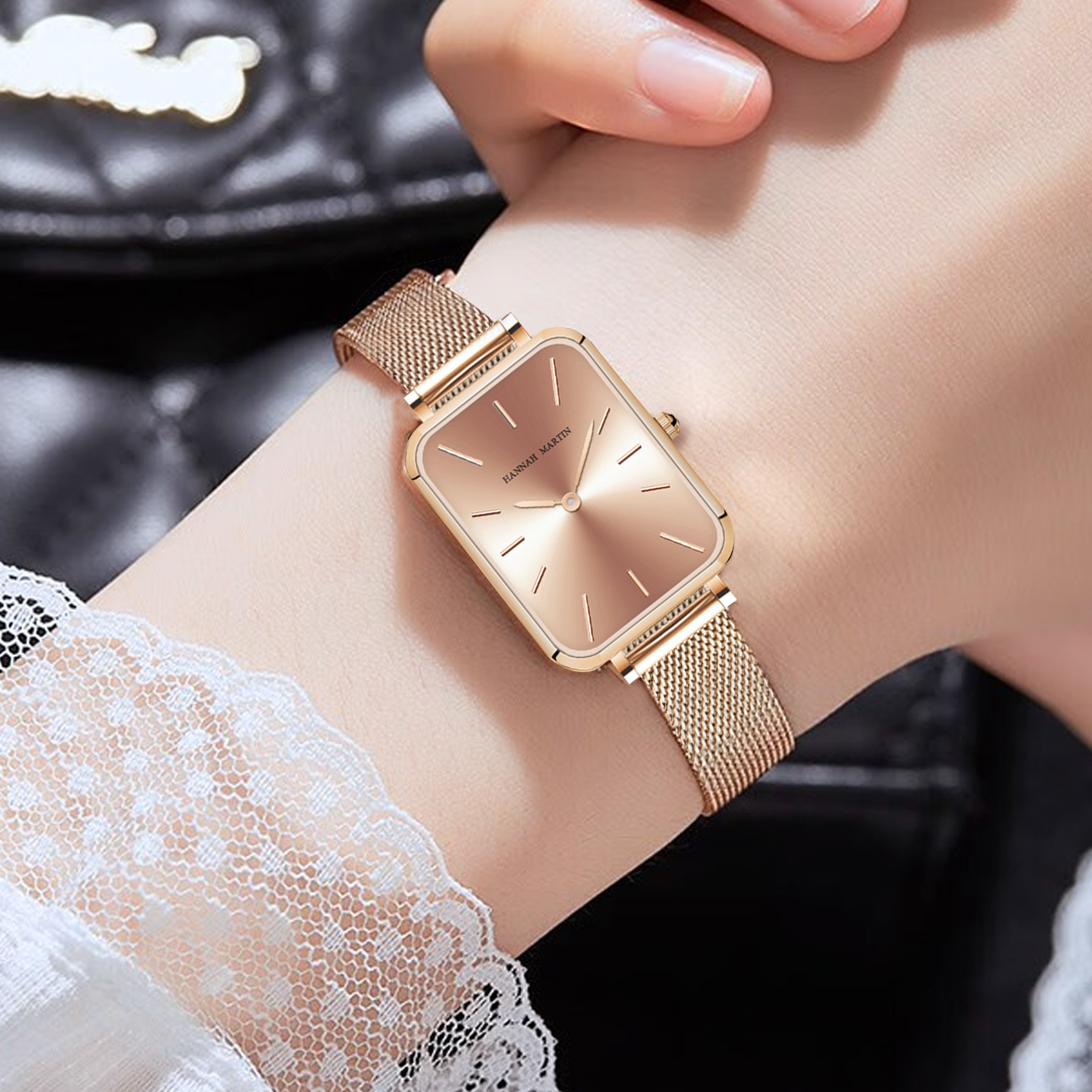 Rose Gold Square Women Mesh Strap Watch, Stainless Steel Case, Simple Fashion Japanese Movement Watch – view 4