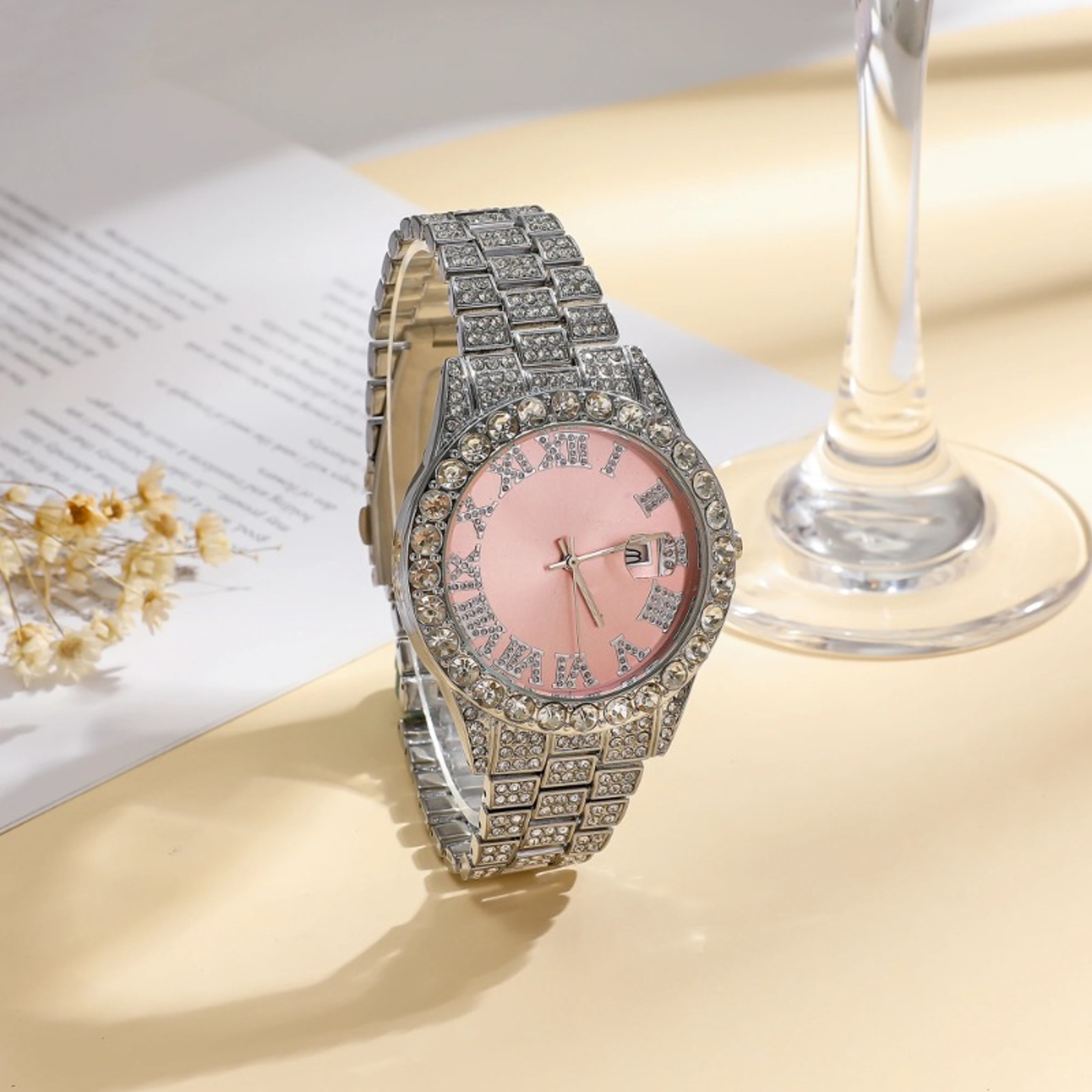 Luxury Women Watch Pink Full Diamond Studded, Iced Out Two Tone Quartz Clock, Elegant Business Waterproof Timepiece – view 2