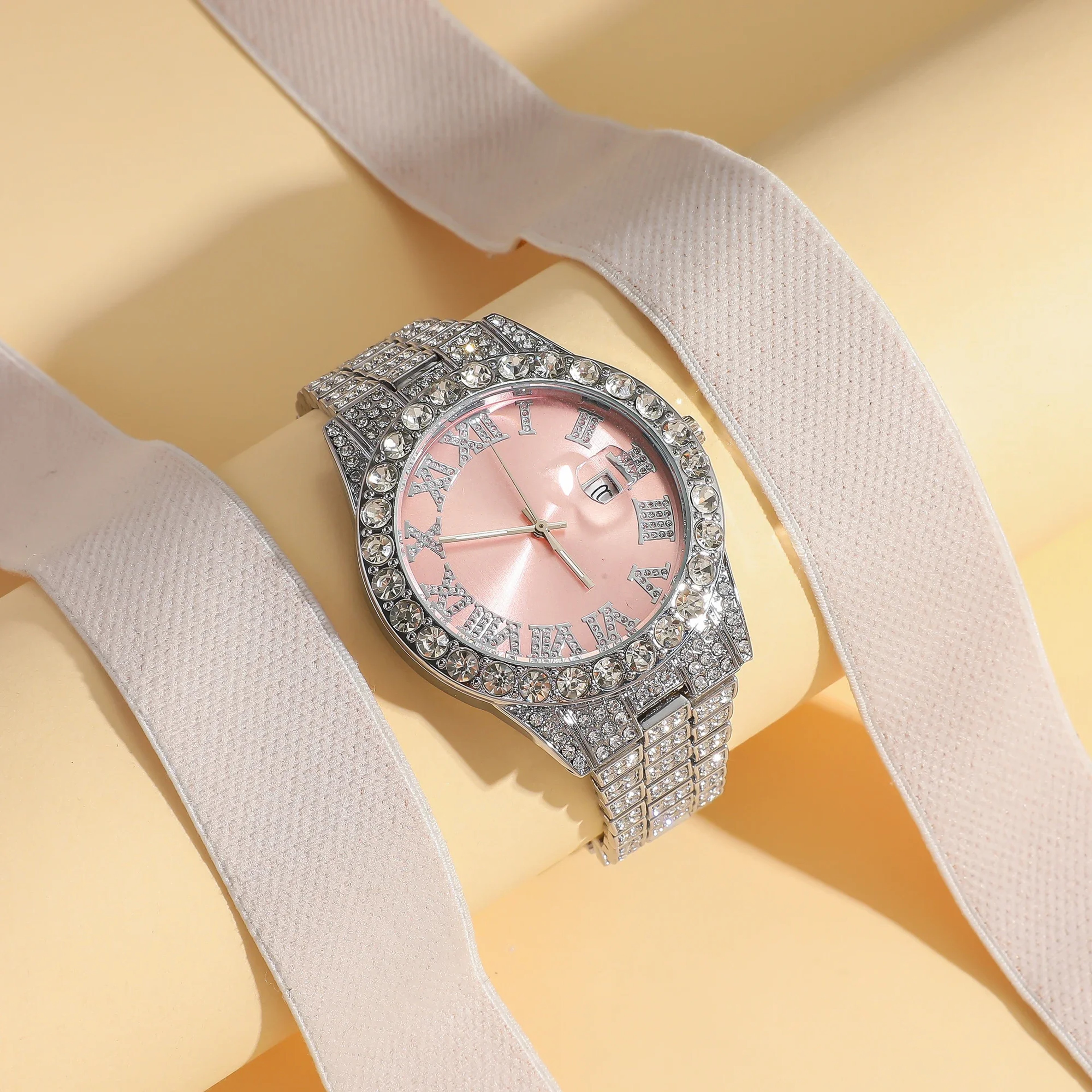 Luxury Women Watch Pink Full Diamond Studded, Iced Out Two Tone Quartz Clock, Elegant Business Waterproof Timepiece – view 7