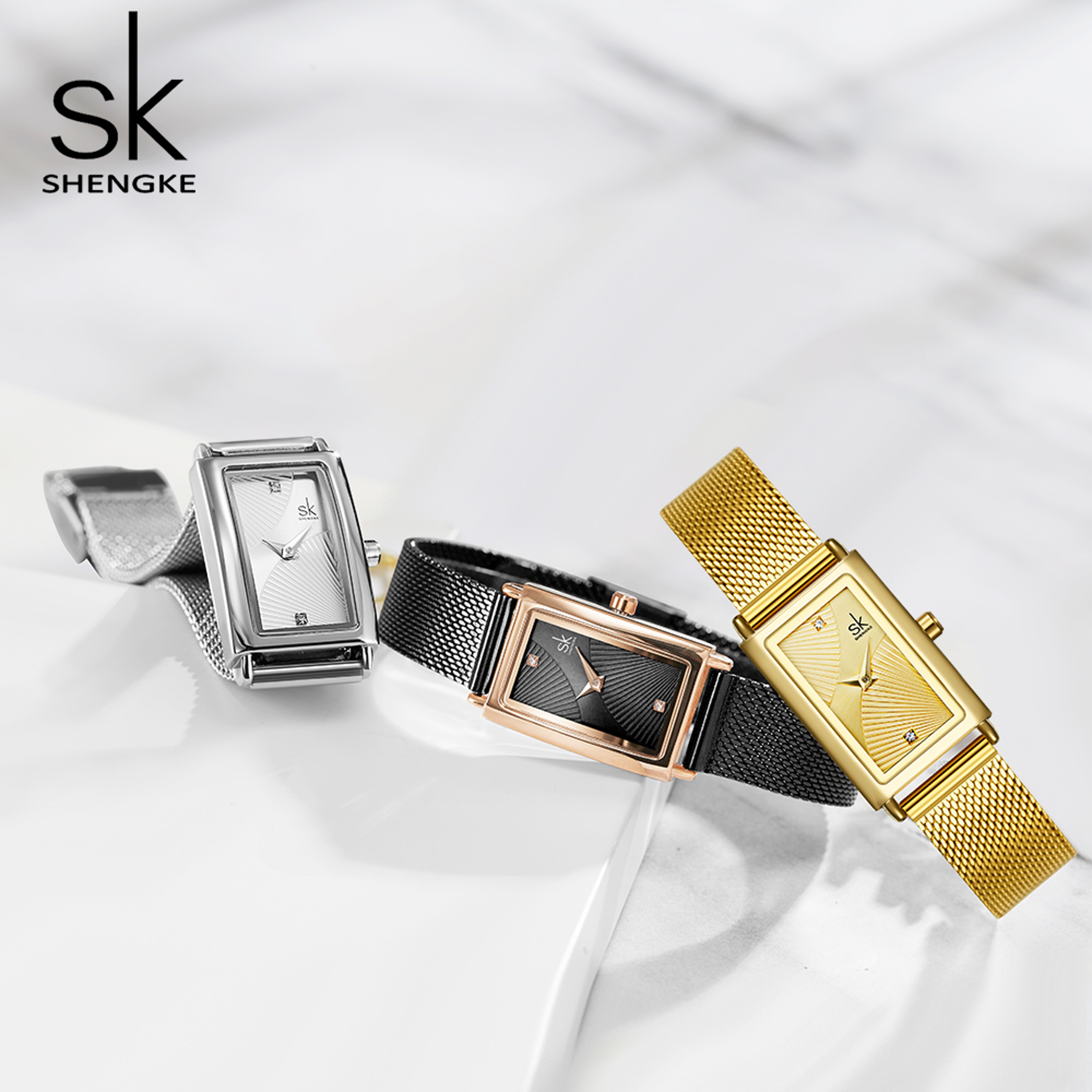Delicate Rectangle Dial Gold Slim Watch for Women, Mesh Strap Waterproof Quartz Women's Elegant Timepiece – view 4