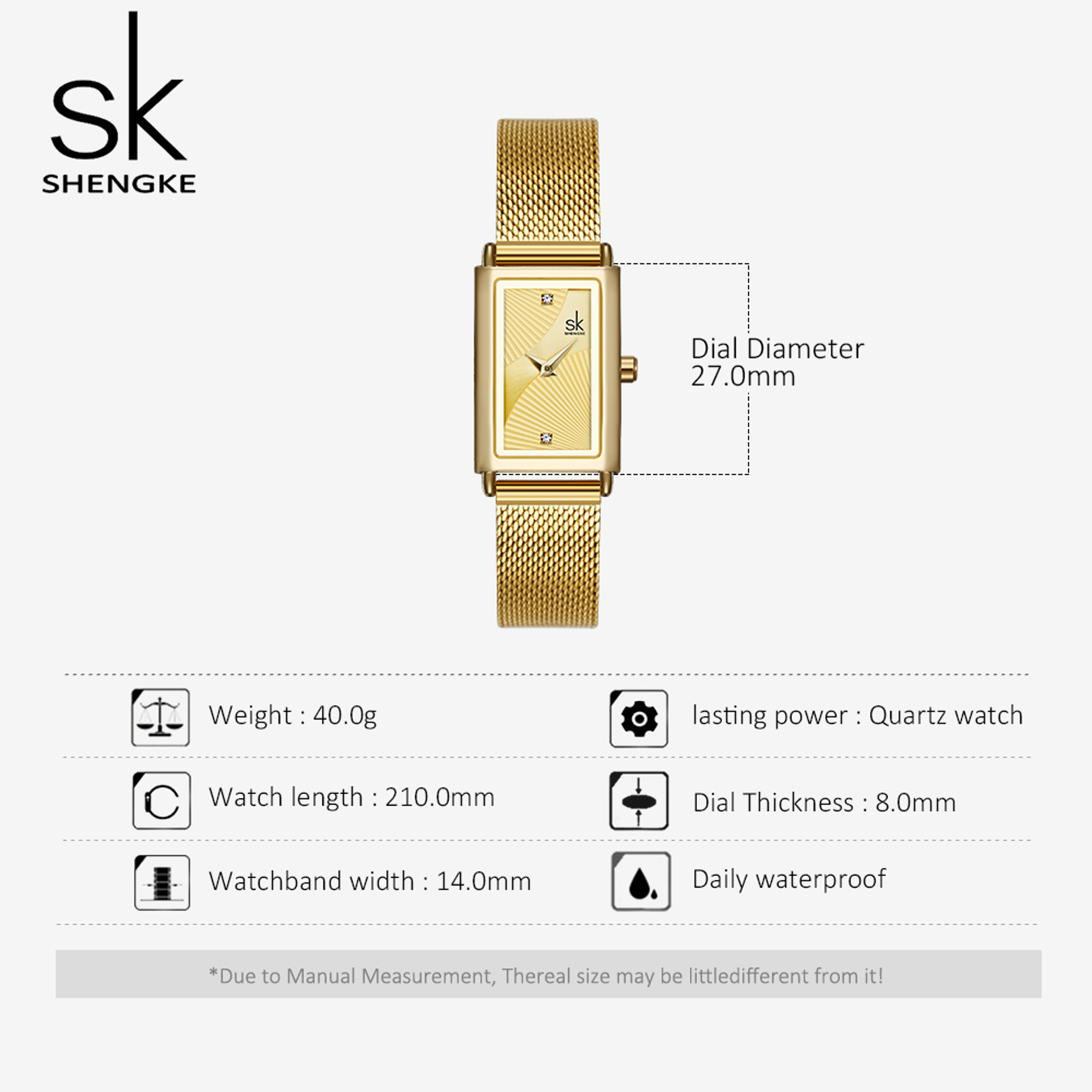 Delicate Rectangle Dial Gold Slim Watch for Women, Mesh Strap Waterproof Quartz Women's Elegant Timepiece – view 6
