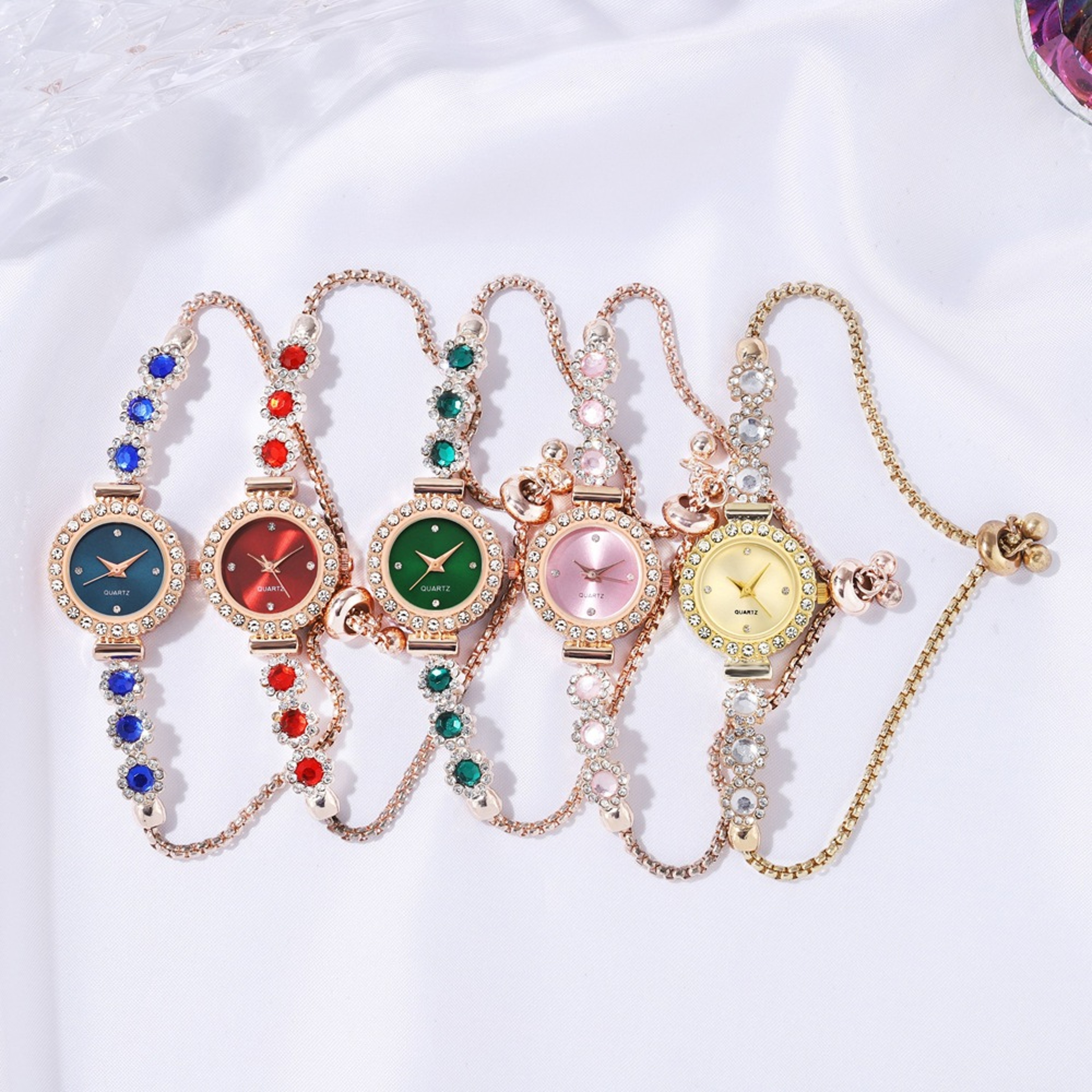 Fashion Style Quartz Watch for Women, Color Imitation Gemstone, Pullable Bracelet Girls Gift Stylish Wristwatch – view 6