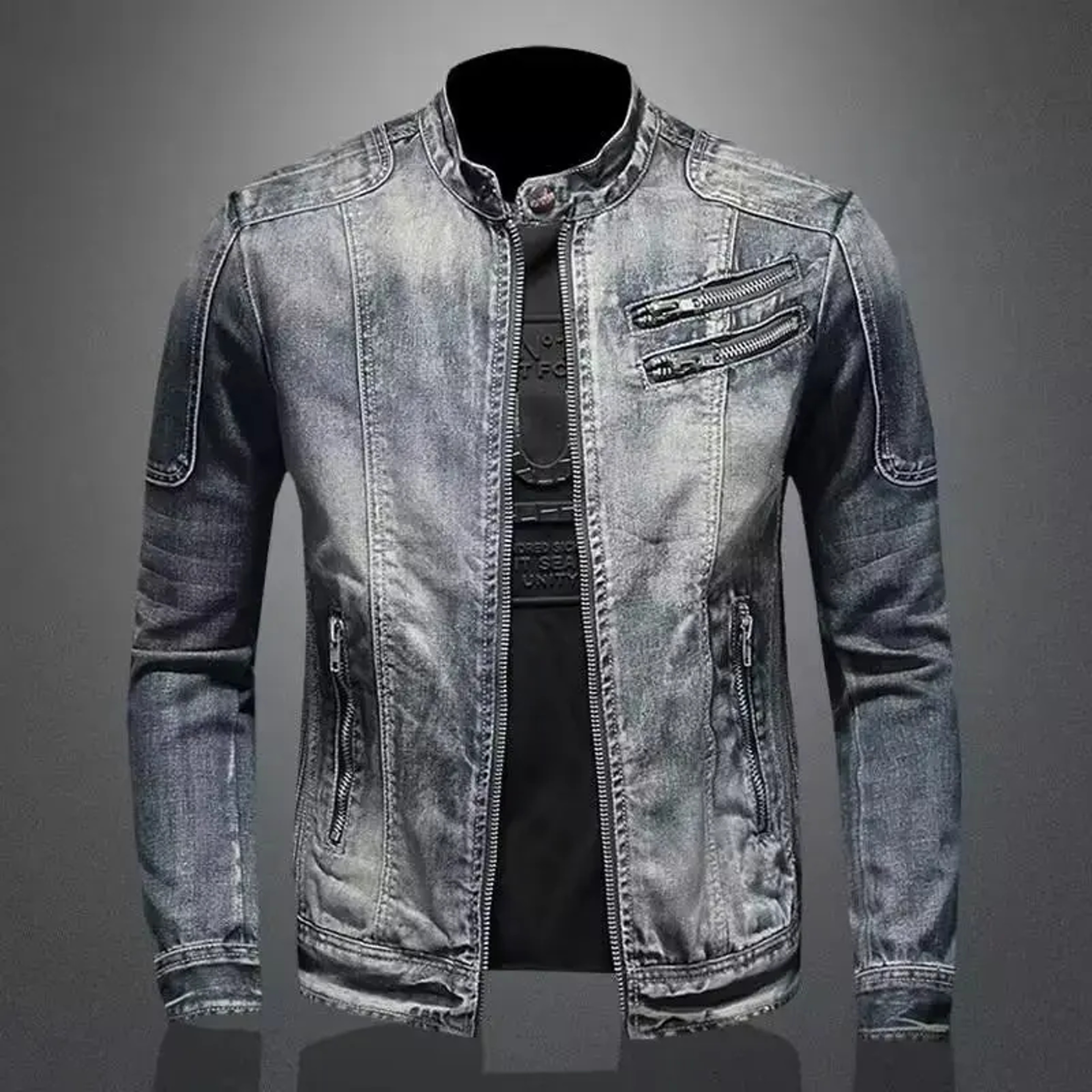 Men's Vintage Motorcycle Denim Jacket, Trendy Stand Collar Zip Up Lapel, Casual Retro Sports Top, Unique Brand Jacket – view 1