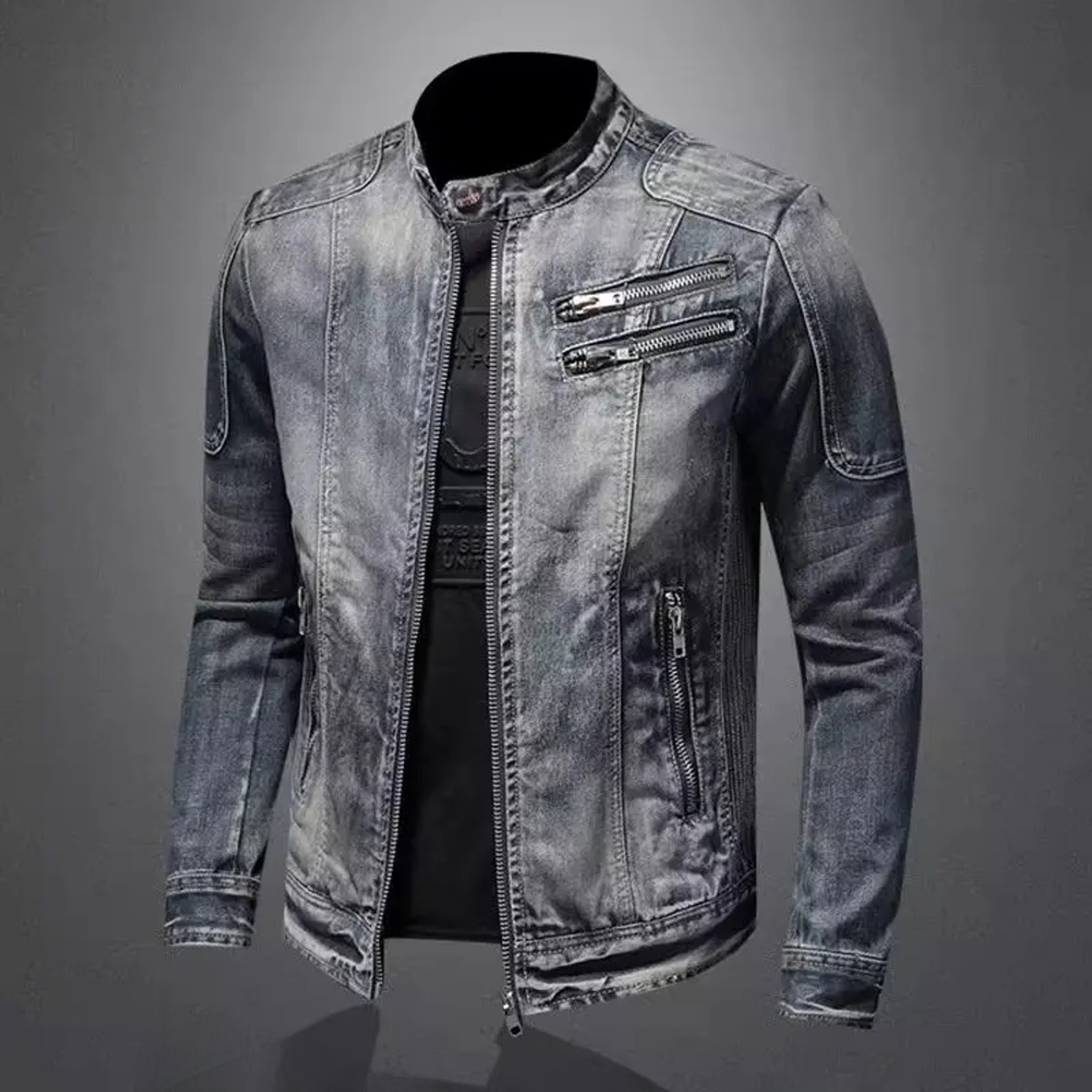 Men's Vintage Motorcycle Denim Jacket, Trendy Stand Collar Zip Up Lapel, Casual Retro Sports Top, Unique Brand Jacket – view 7