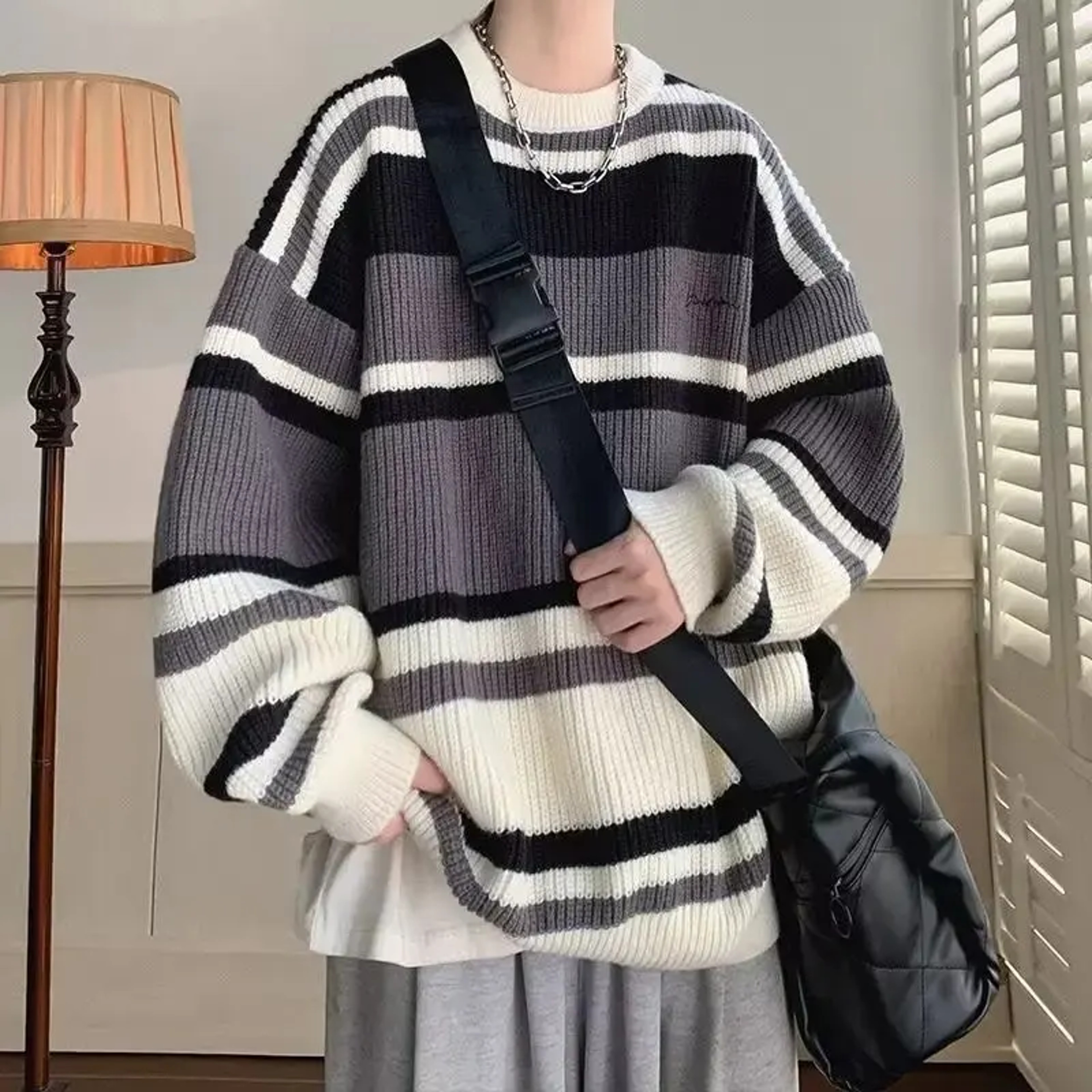 Vintage Idle Style Sweater, Color Block Striped Knitted Top, Niche Outerwear for Men, Autumn Winter Design – view 2