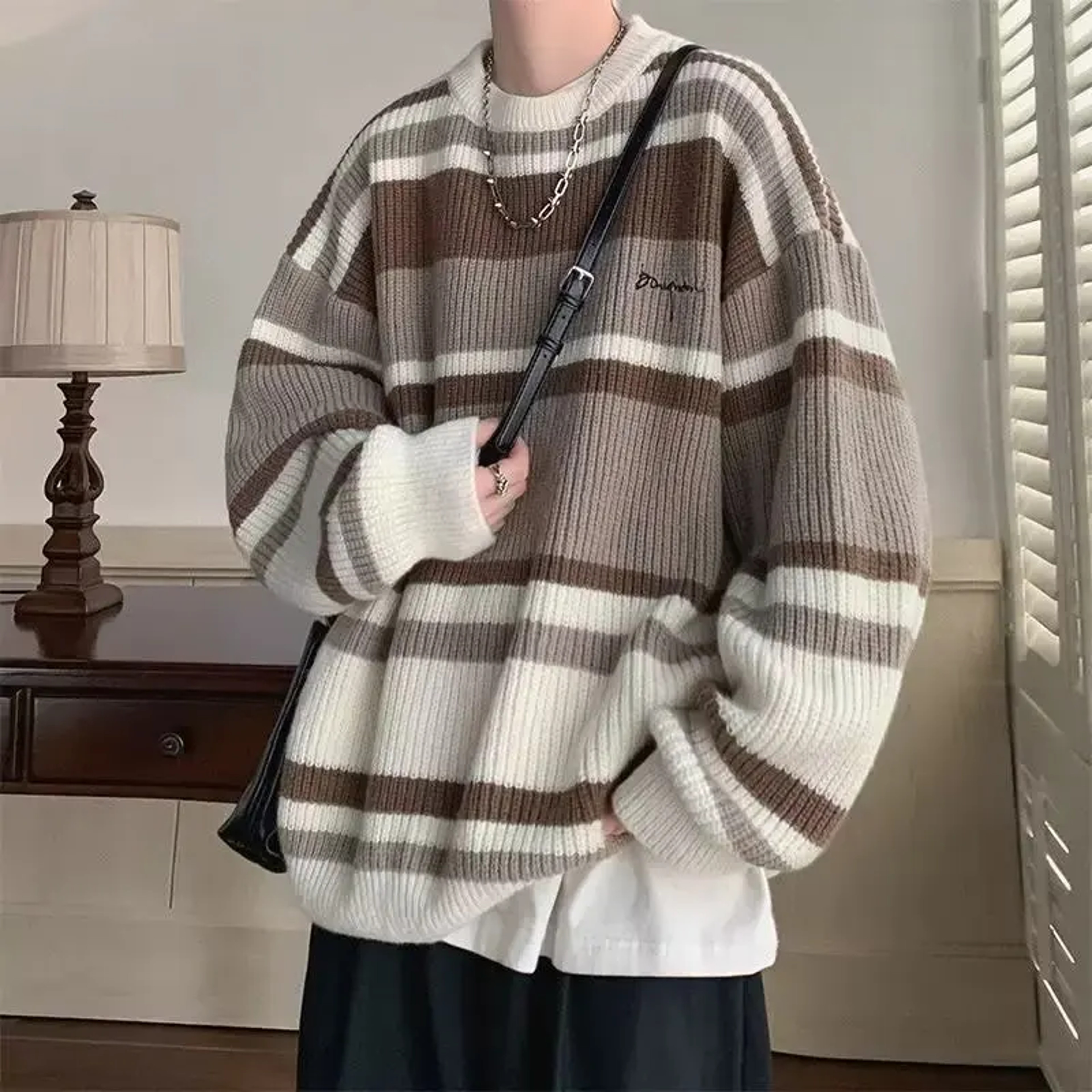 Vintage Idle Style Sweater, Color Block Striped Knitted Top, Niche Outerwear for Men, Autumn Winter Design – view 5