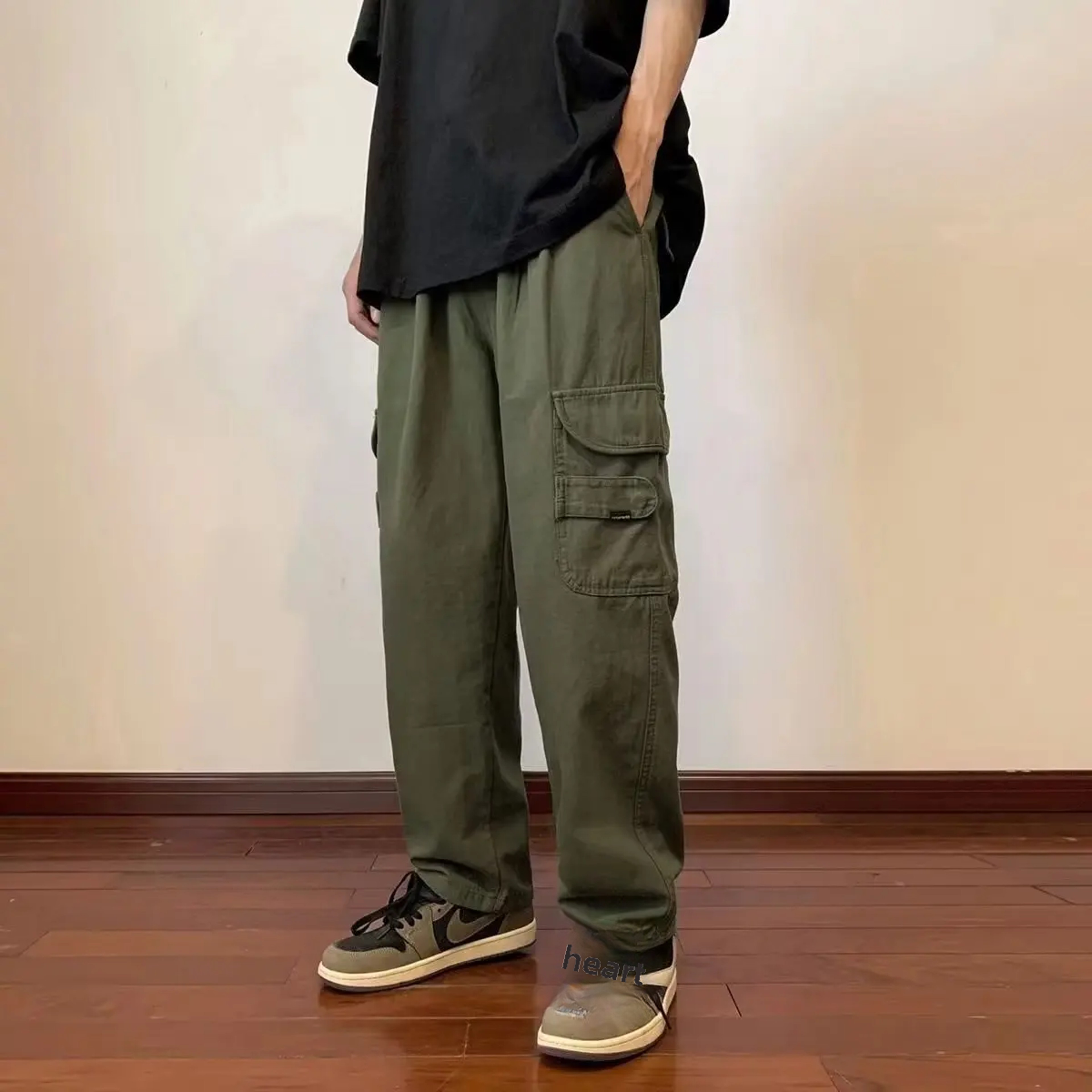 Unisex Cargo Pants, Loose Fit Streetwear, Solid Color Wide Leg Trousers, Trendy and Versatile – view 7