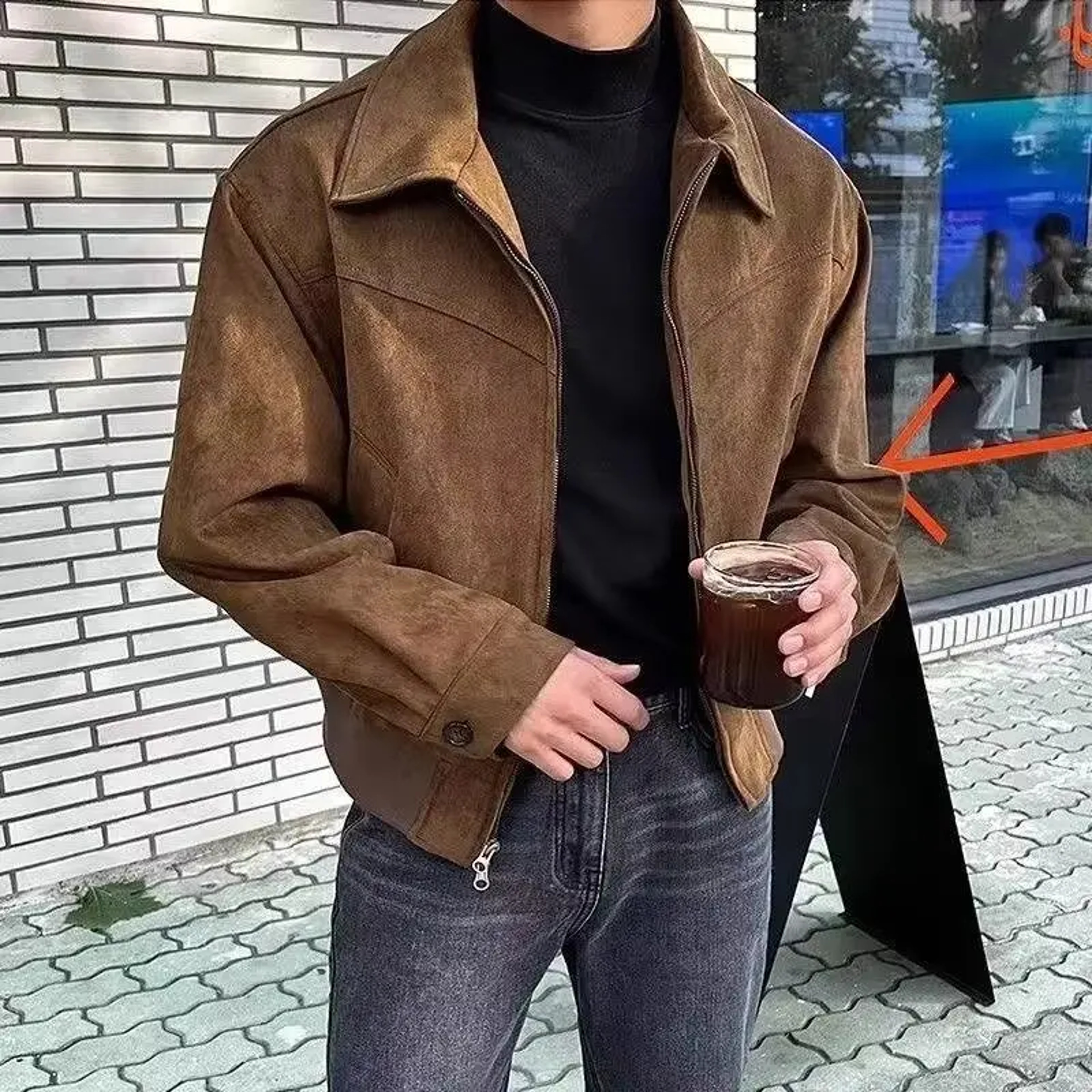 Vintage American Style Leather Jacket for Men, Versatile Brown Coffee Color, Cropped Lapel Design for Autumn and Winter – view 3