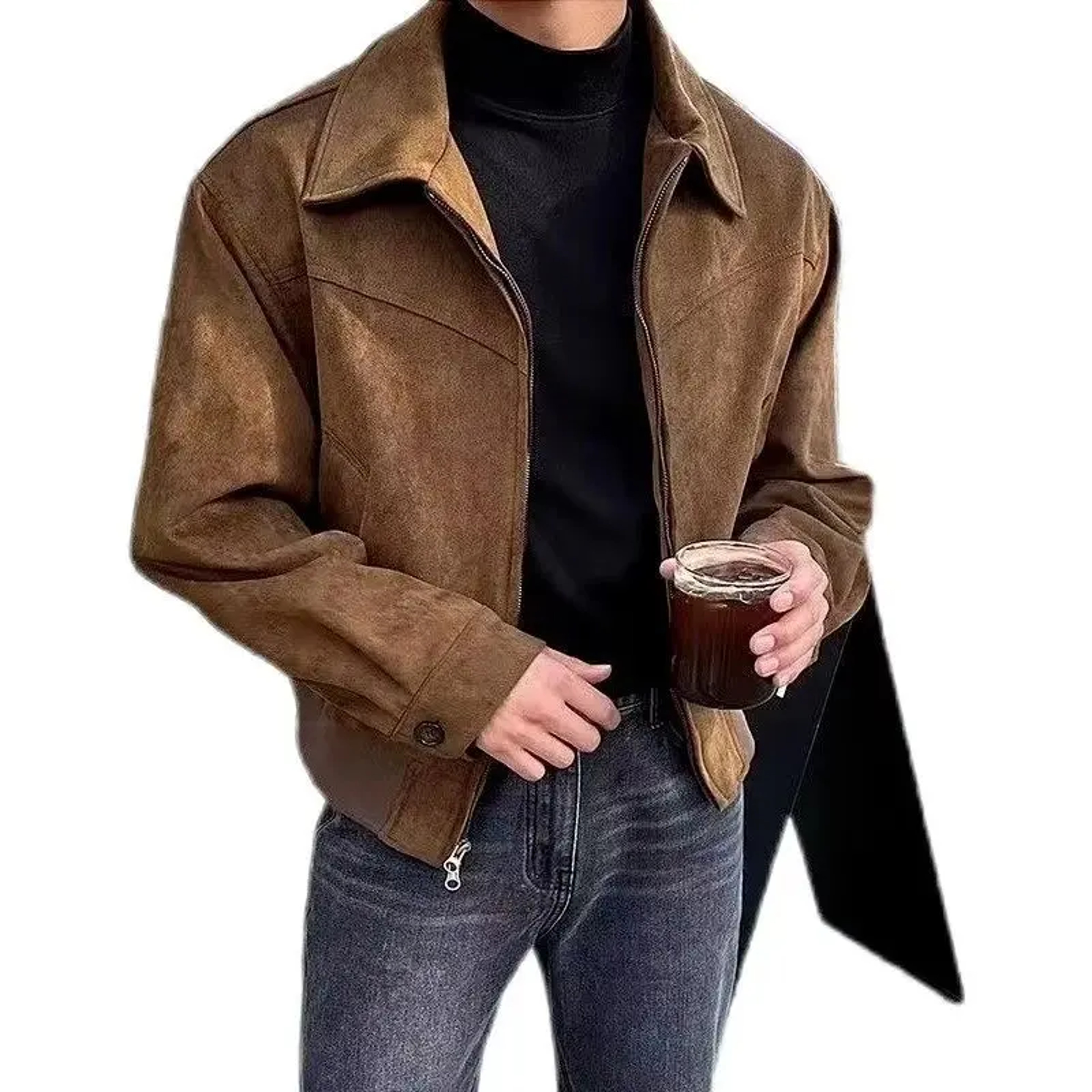 Vintage American Style Leather Jacket for Men, Versatile Brown Coffee Color, Cropped Lapel Design for Autumn and Winter – view 5