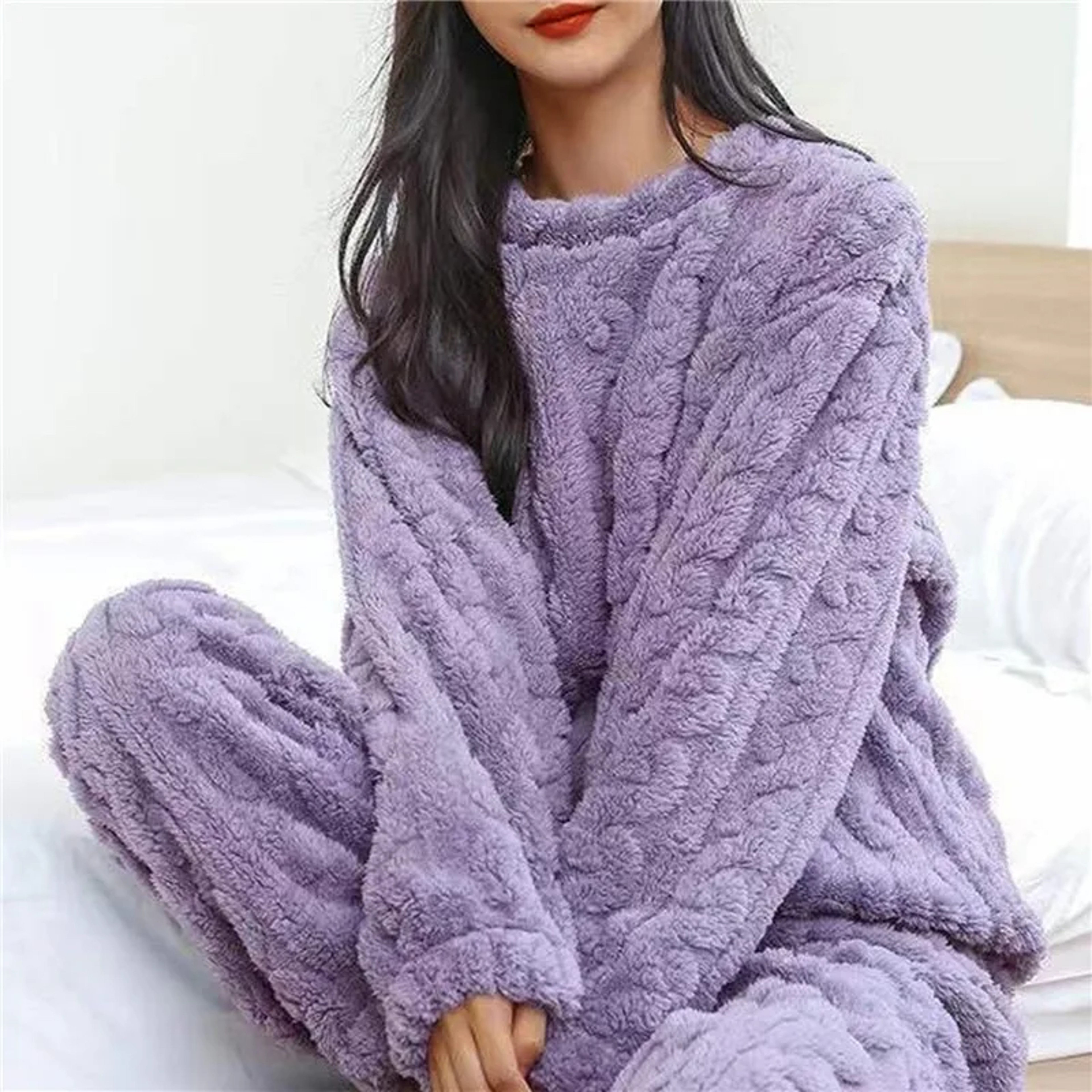 Soft Coral Velvet Pajamas Set For Women Warm Jacquard Lounge Wear Cozy Winter Outerwear Christmas W