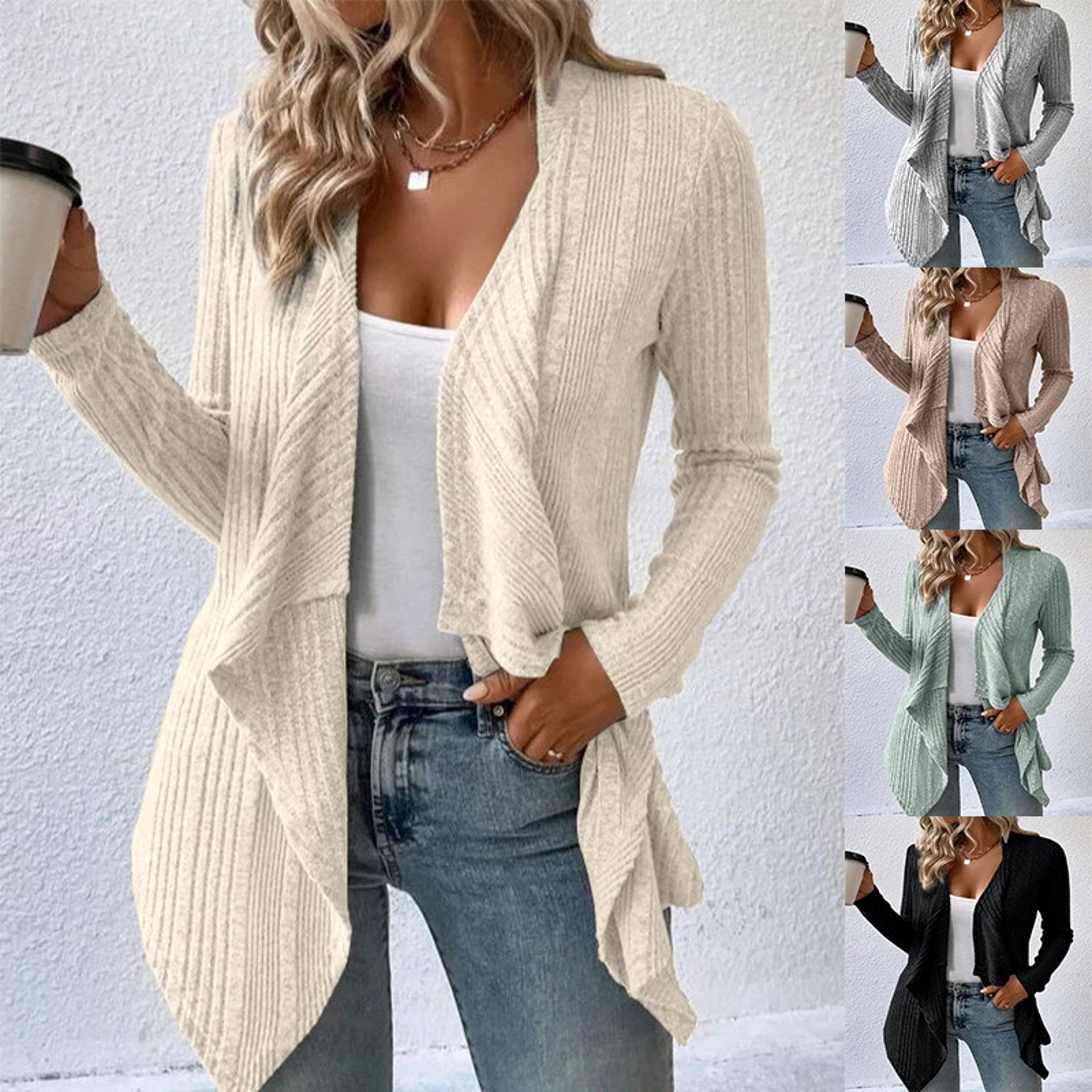 Autumn Winter Womens Knitted Sweater Jacket, Loose Long Sleeve Cardigan Top, Solid Color Casual Fashion Outerwear – view 1