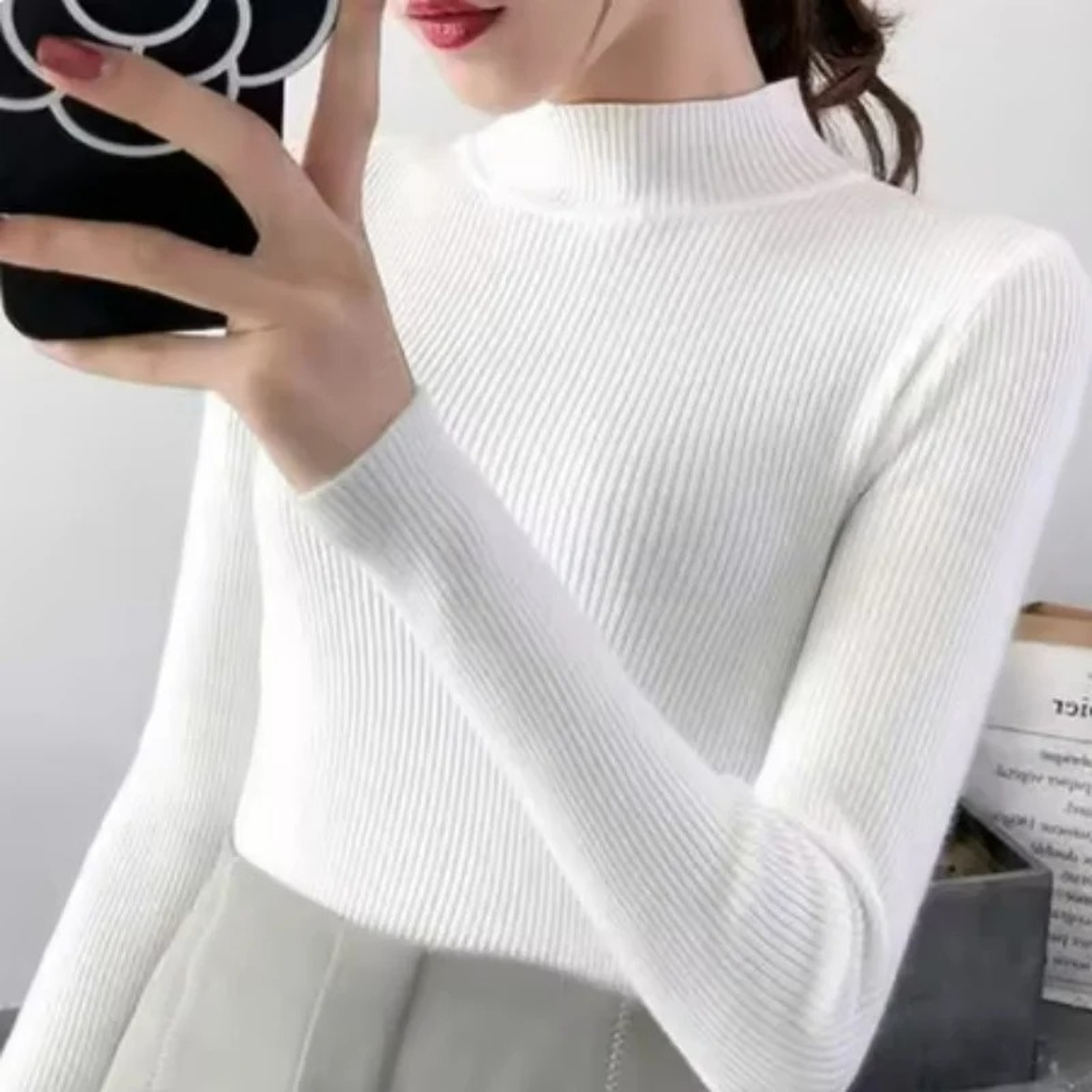 Autumn Winter Mock Neck, Vintage Solid Knitted Tops, Casual Slim Pullover for Women – view 13