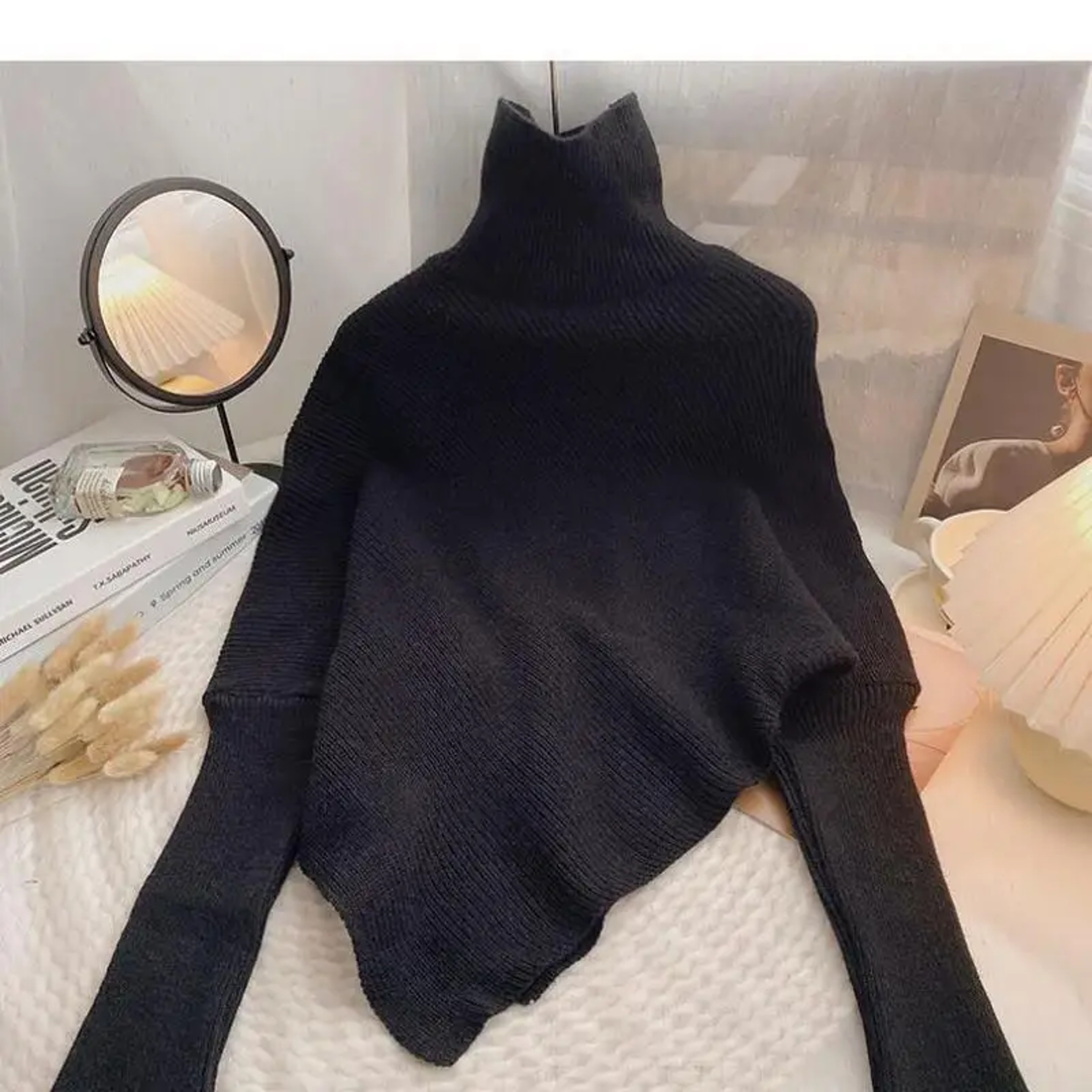 Autumn Winter Knit Sweater Vintage Irregular Loose Pullover Chic High Neck Women Fashion Tops 3