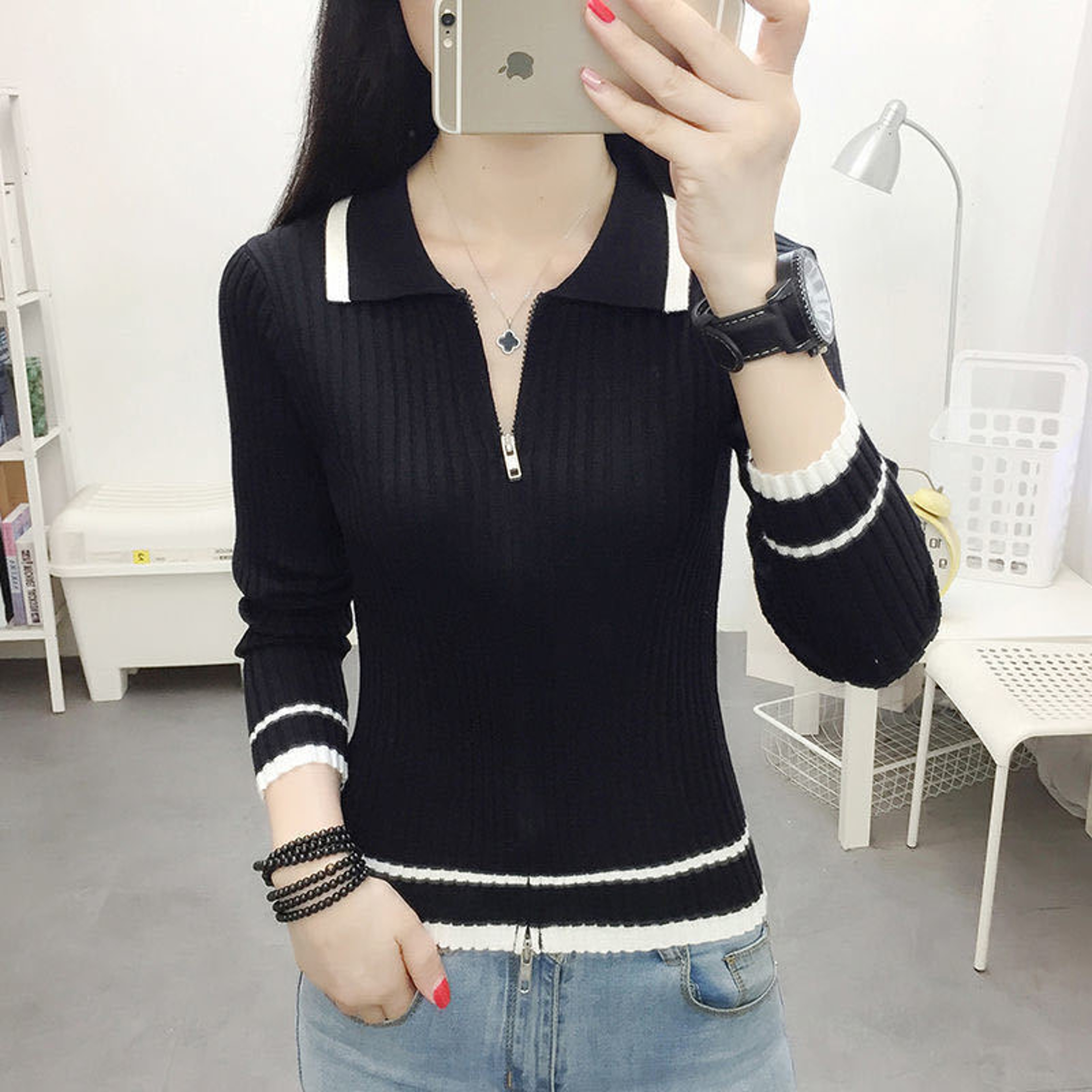 Autumn Spring Style Women Knitted Pullover Tops Casual Zipper VNeck Sweater Soft Lady Knitwear 4