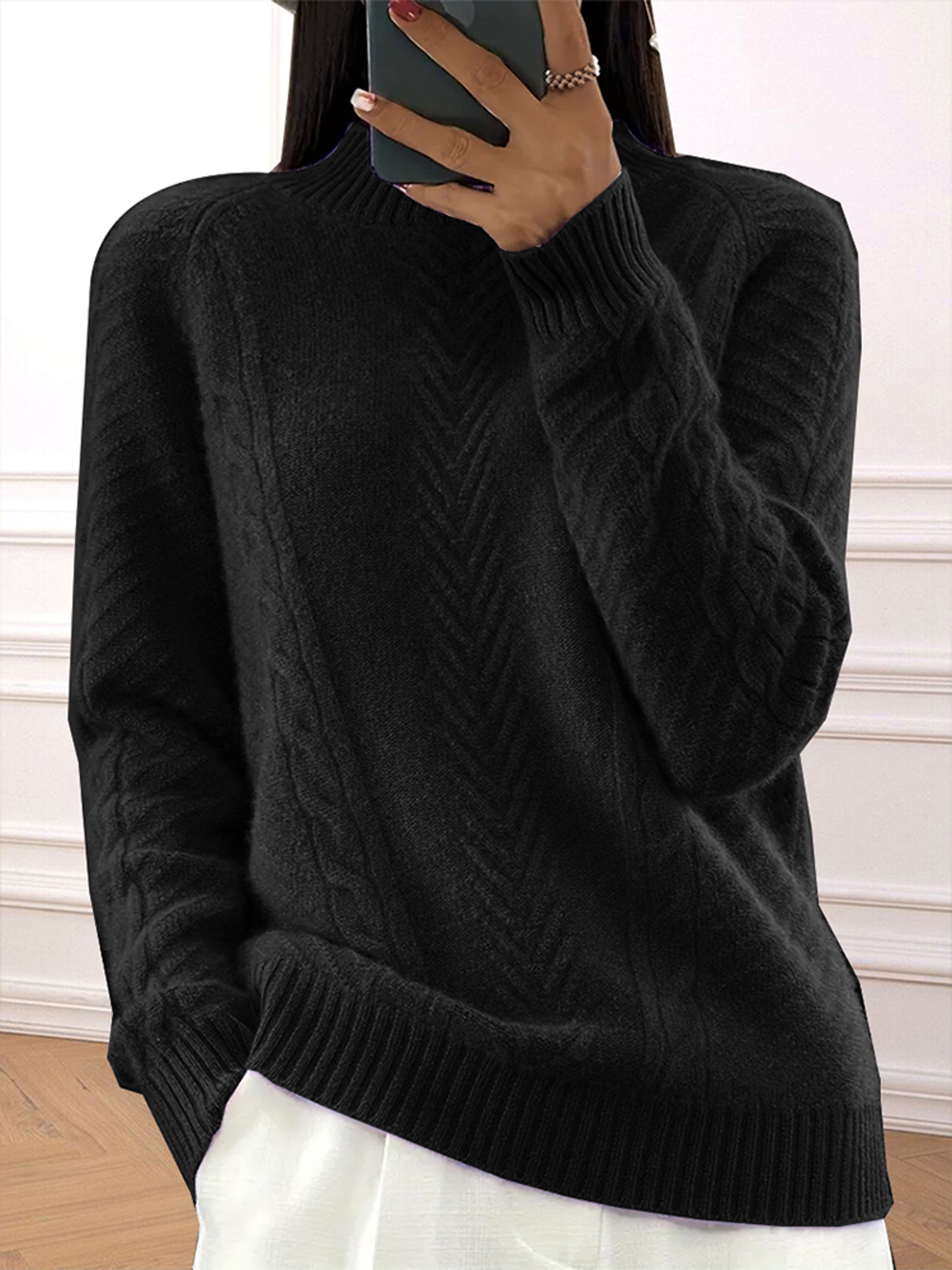 Plus Size Ribbed Pullover Sweater, High Neck Long Sleeve Casual Knit for Autumn And Winter – view 7