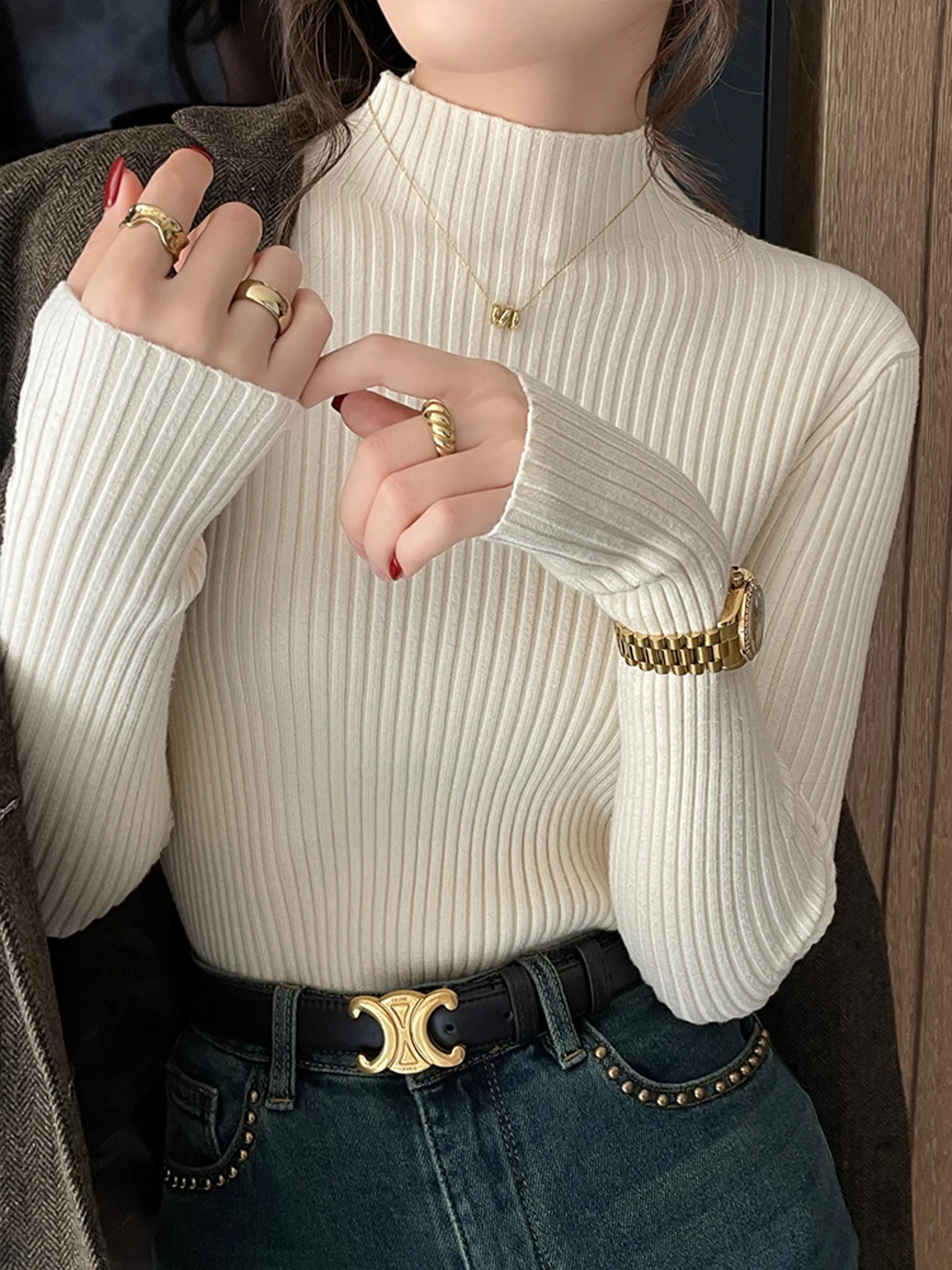 Women Long Sleeve Turtleneck Sweater, Chic Autumn Winter Knit Pullover, Solid Color Slim Casual Warm Jumper Top – view 2