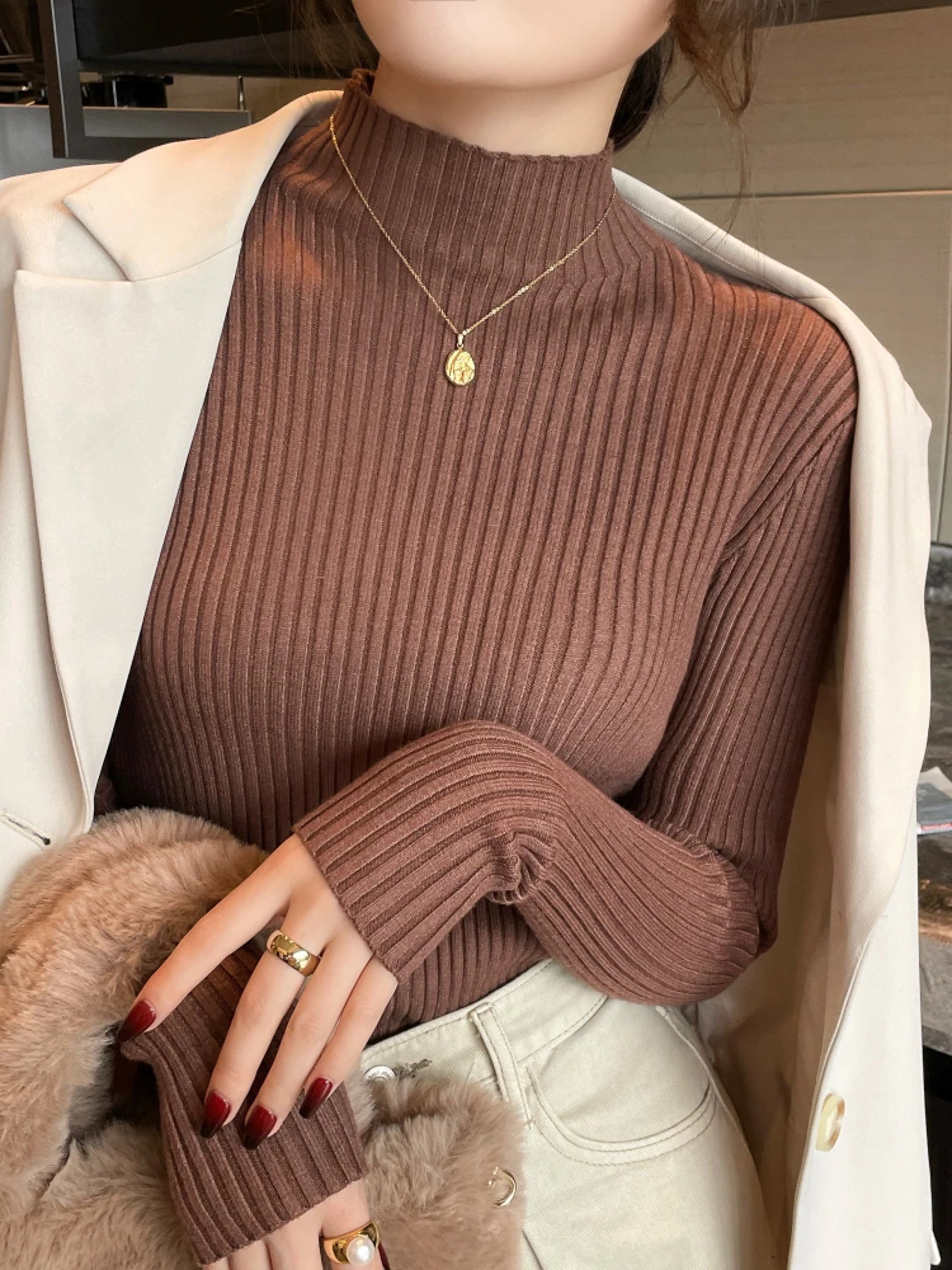 Women Long Sleeve Turtleneck Sweater, Chic Autumn Winter Knit Pullover, Solid Color Slim Casual Warm Jumper Top – view 4