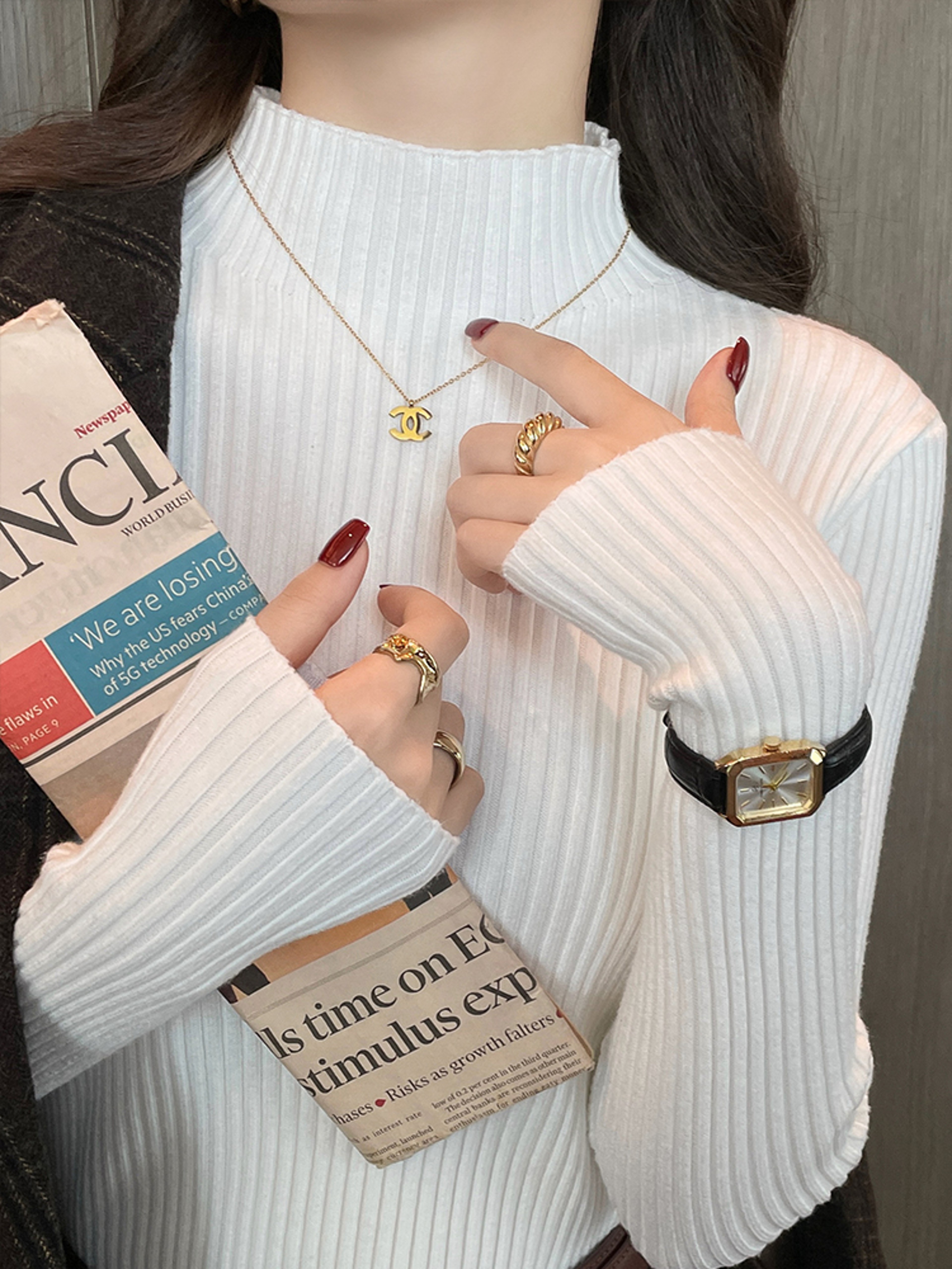 Women Long Sleeve Turtleneck Sweater, Chic Autumn Winter Knit Pullover, Solid Color Slim Casual Warm Jumper Top – view 8