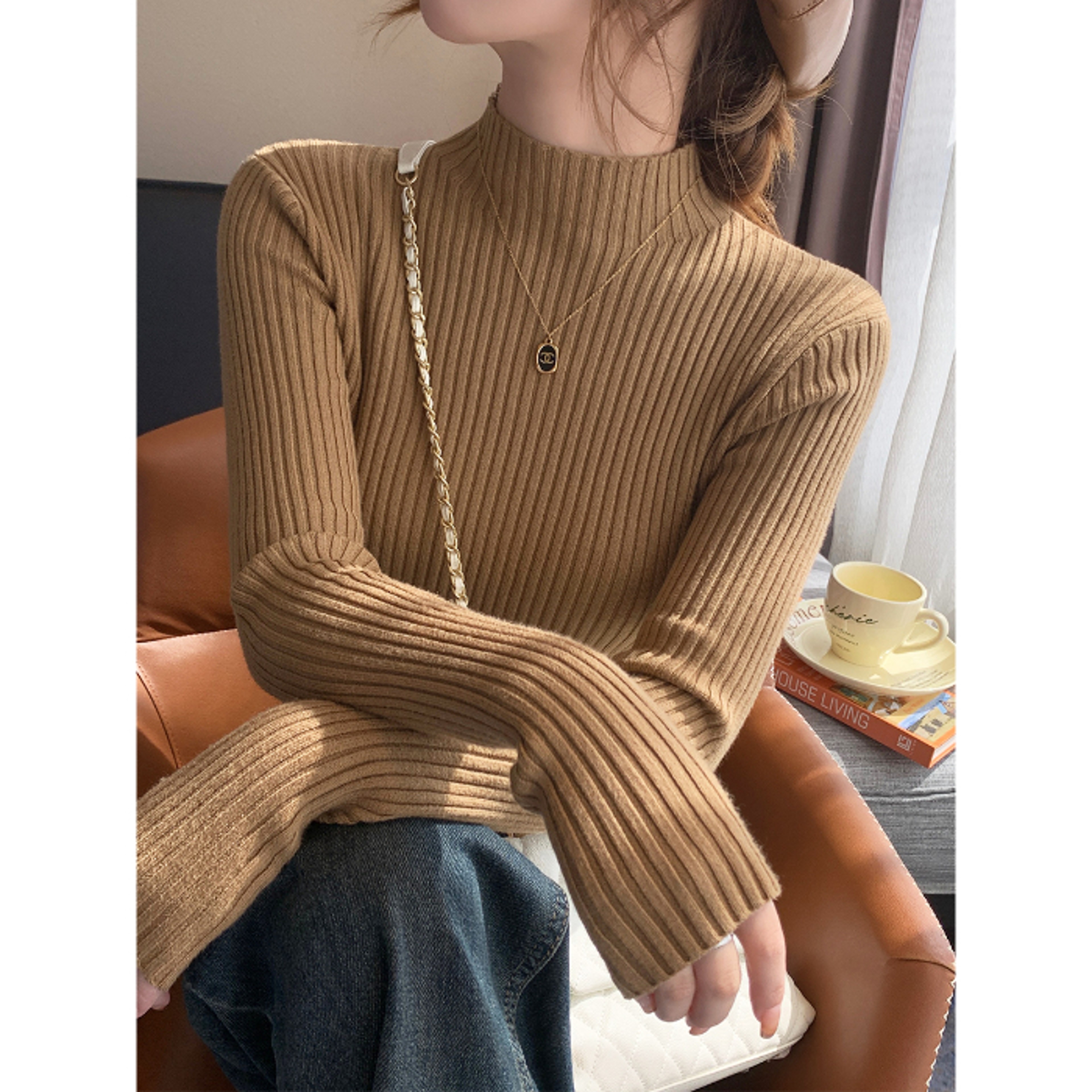 Women Long Sleeve Turtleneck Sweater, Chic Autumn Winter Knit Pullover, Solid Color Slim Casual Warm Jumper Top – view 10