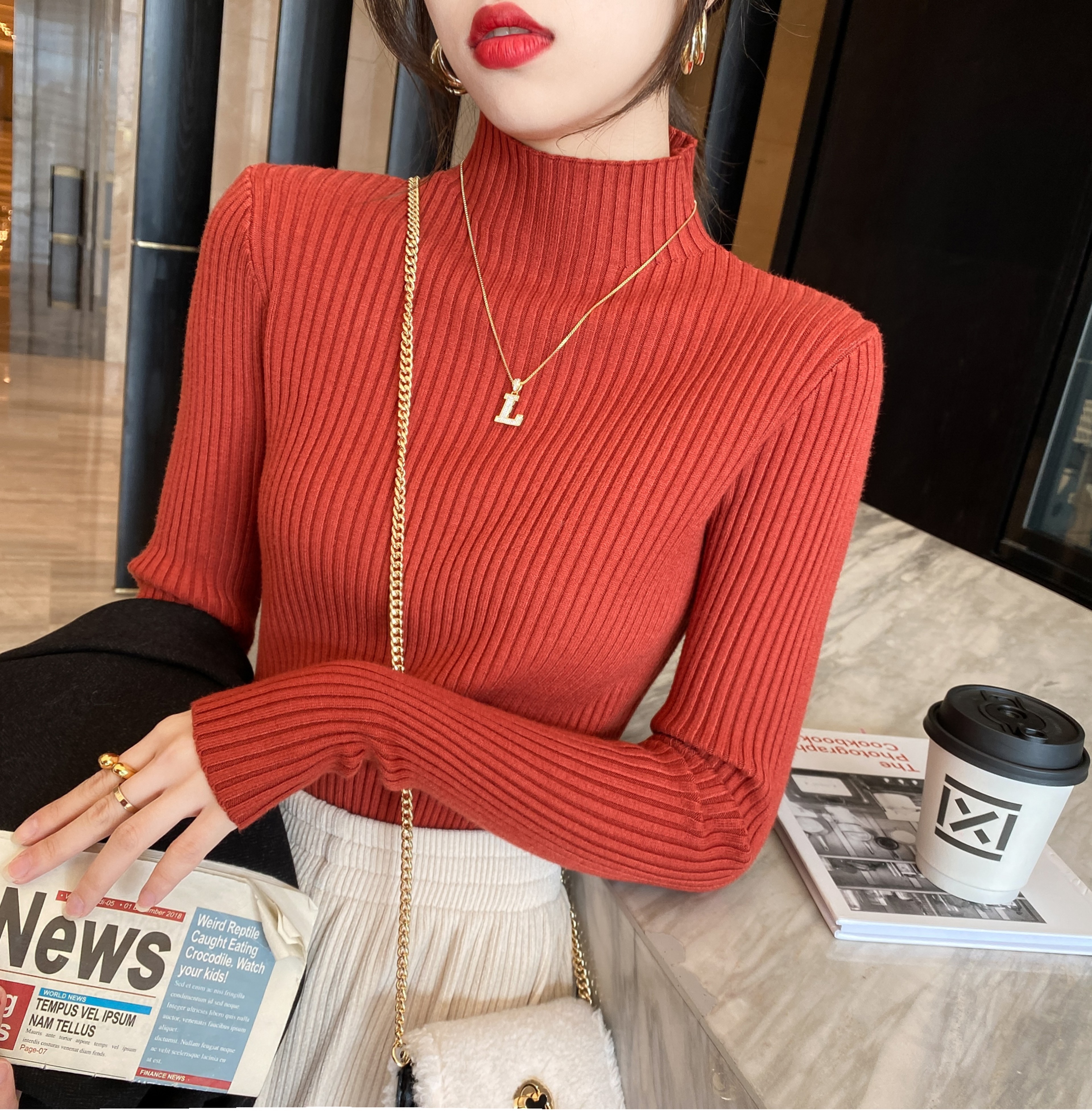 Women Long Sleeve Turtleneck Sweater, Chic Autumn Winter Knit Pullover, Solid Color Slim Casual Warm Jumper Top – view 11