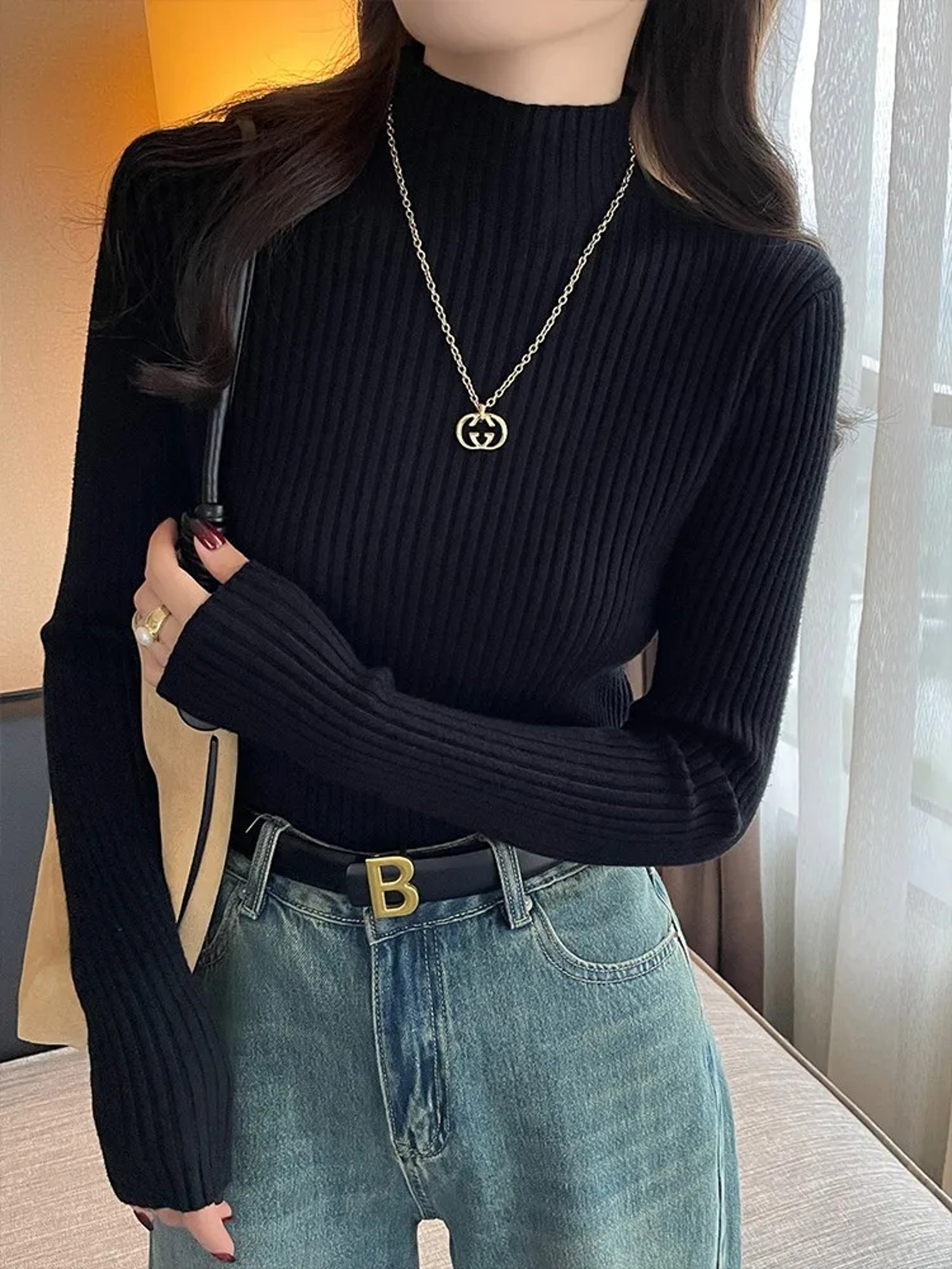 Women Long Sleeve Turtleneck Sweater, Chic Autumn Winter Knit Pullover, Solid Color Slim Casual Warm Jumper Top – view 13