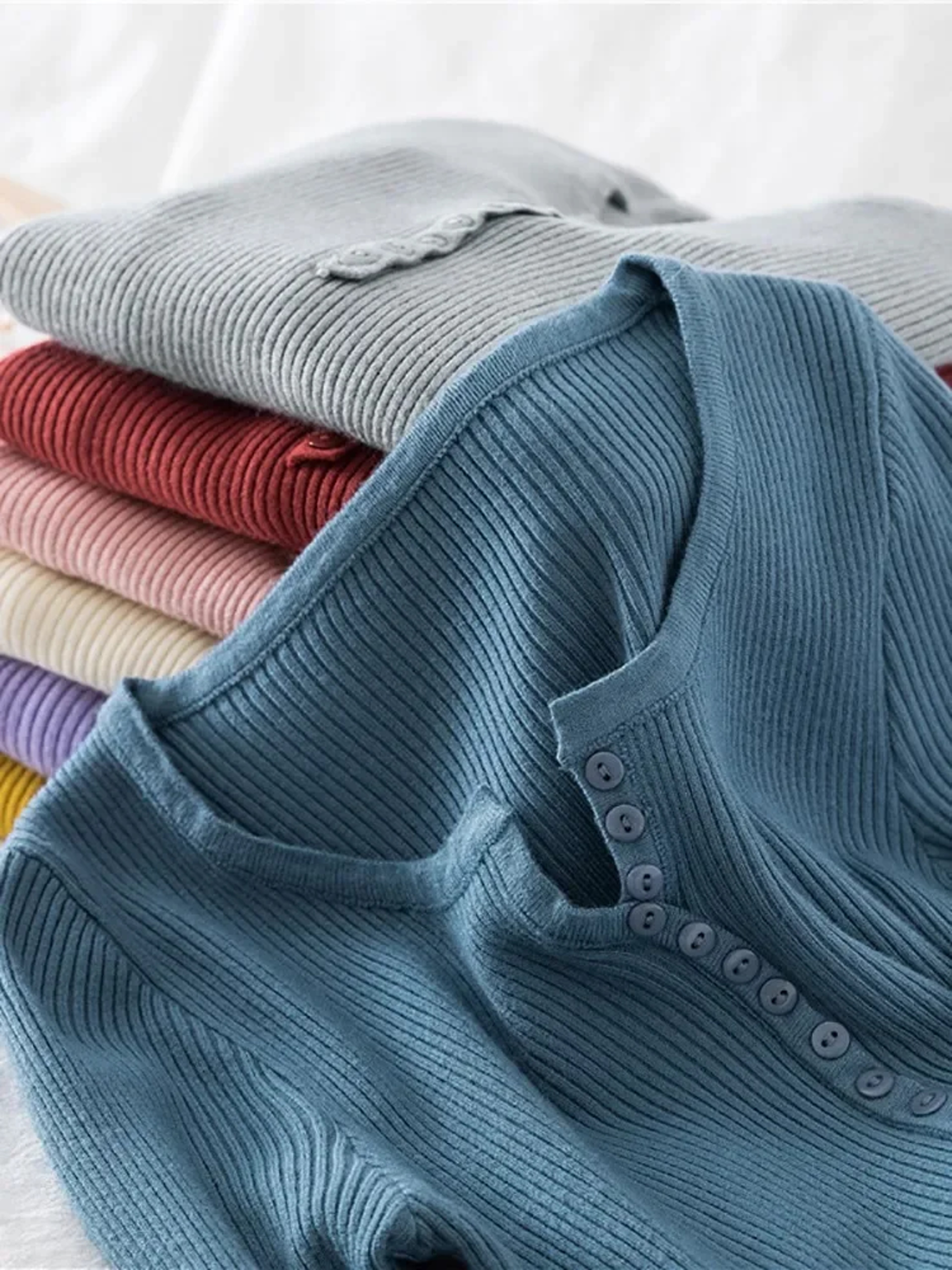 Soft Warm Tops for Women, Autumn Winter Button V Neck Sweater, Basic Slim Pullover, Knit Jumper for Cozy Style – view 3
