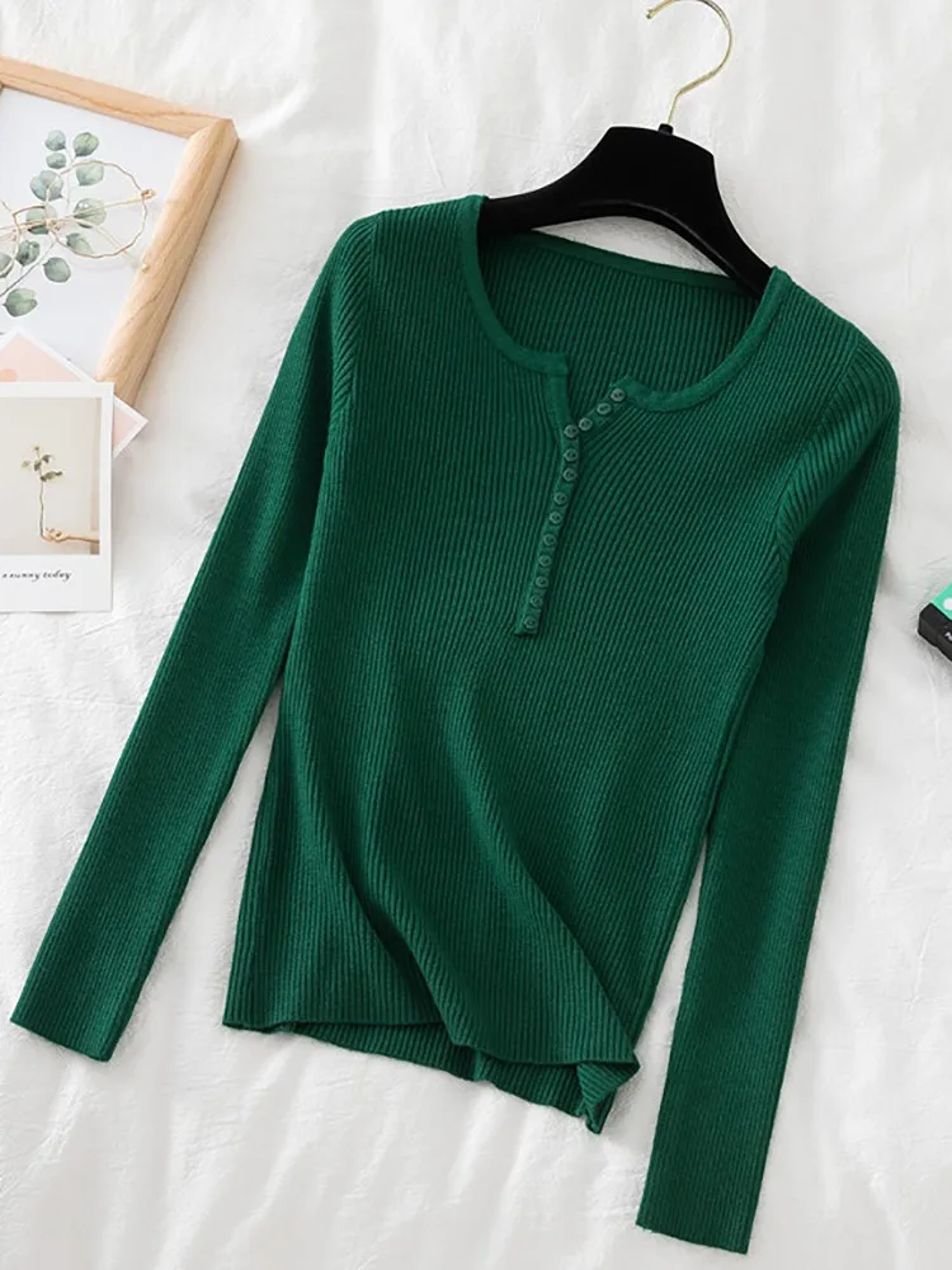 Soft Warm Tops for Women, Autumn Winter Button V Neck Sweater, Basic Slim Pullover, Knit Jumper for Cozy Style – view 5