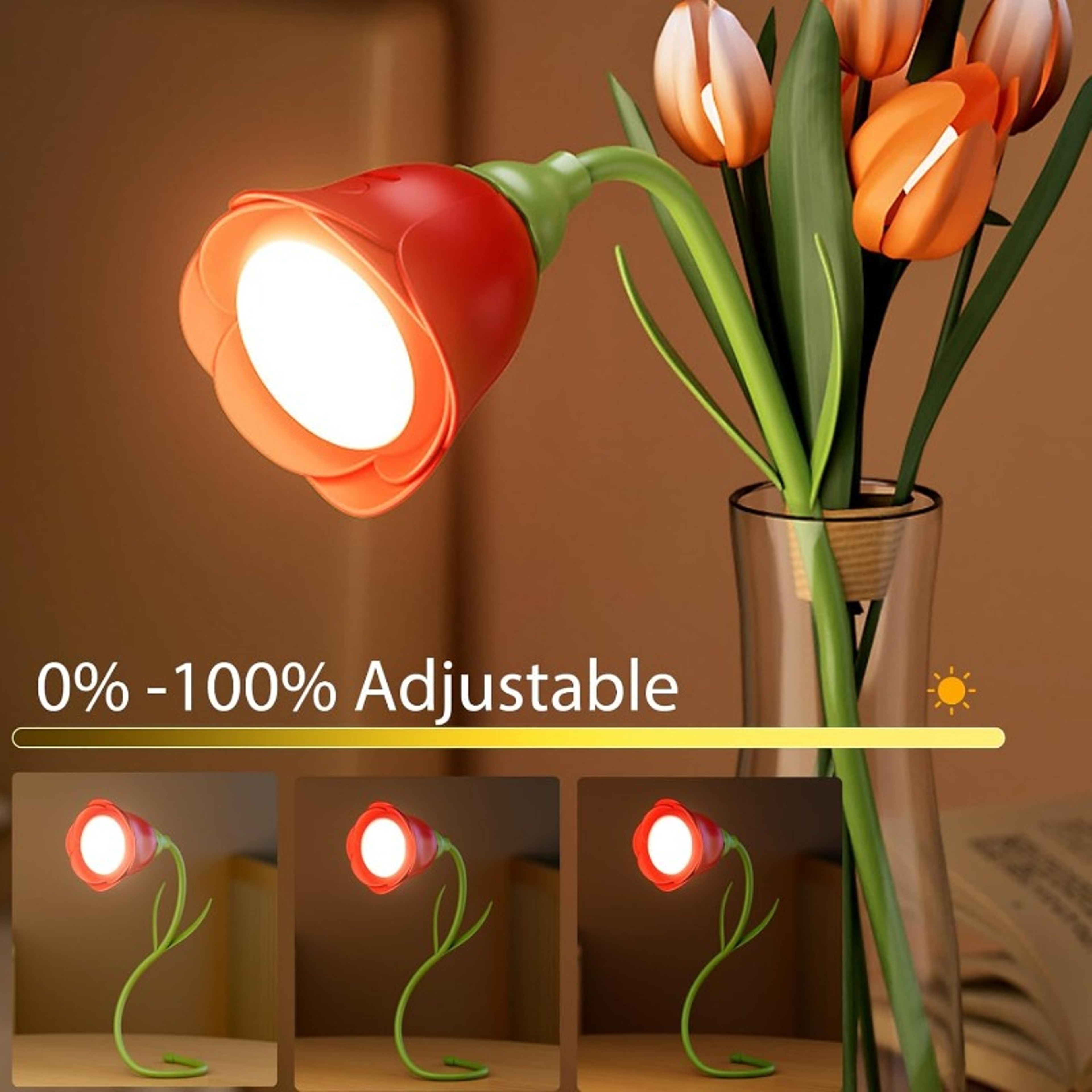 Creative Rechargeable Rose LED Desk Lamp Bendable Dimmable Flower Night Light With Brightness Memor 3