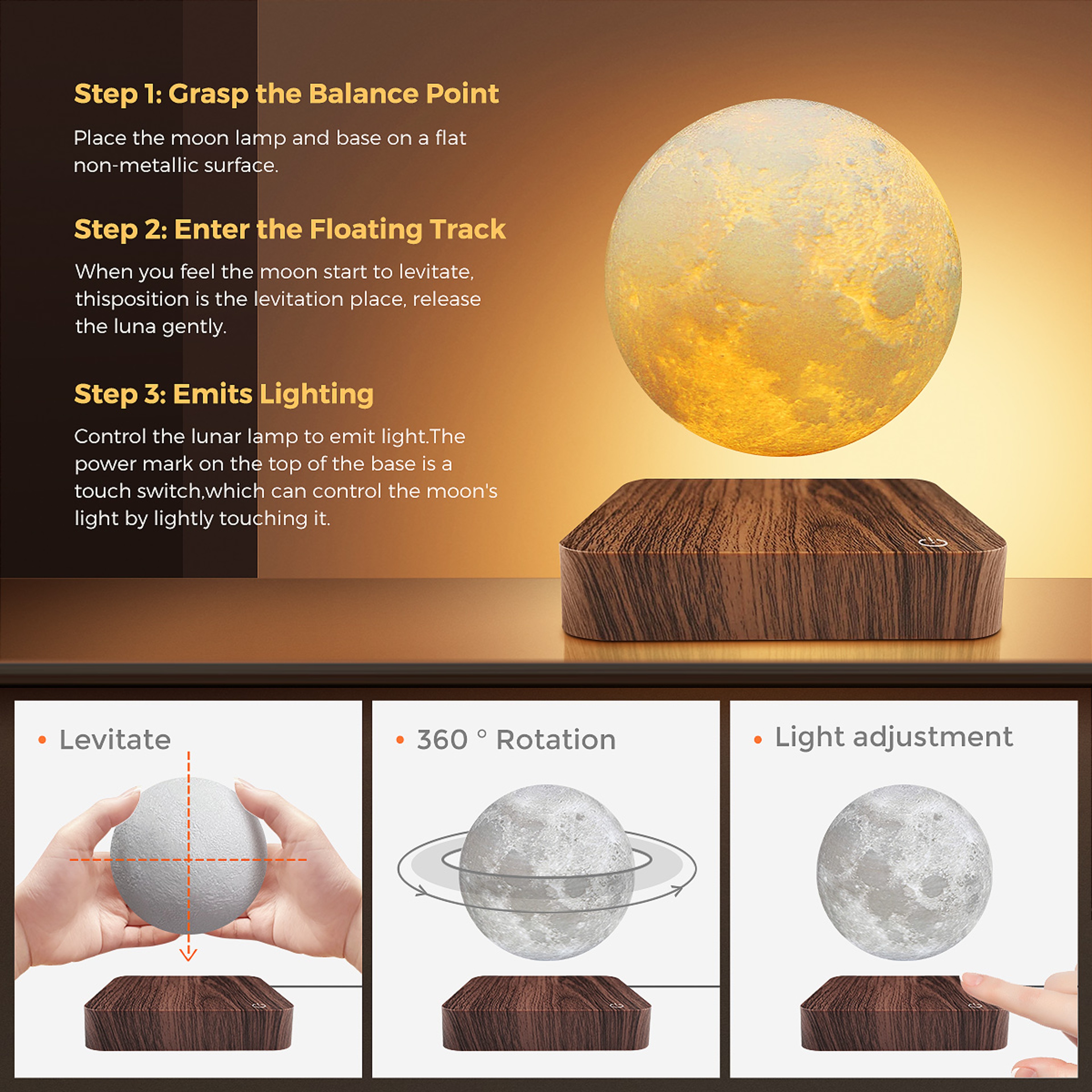 Creative Table 3D LED Lamp with Wooden Base, Levitating Moon Magnetic Floating Night Light for Office and Gift – view 4