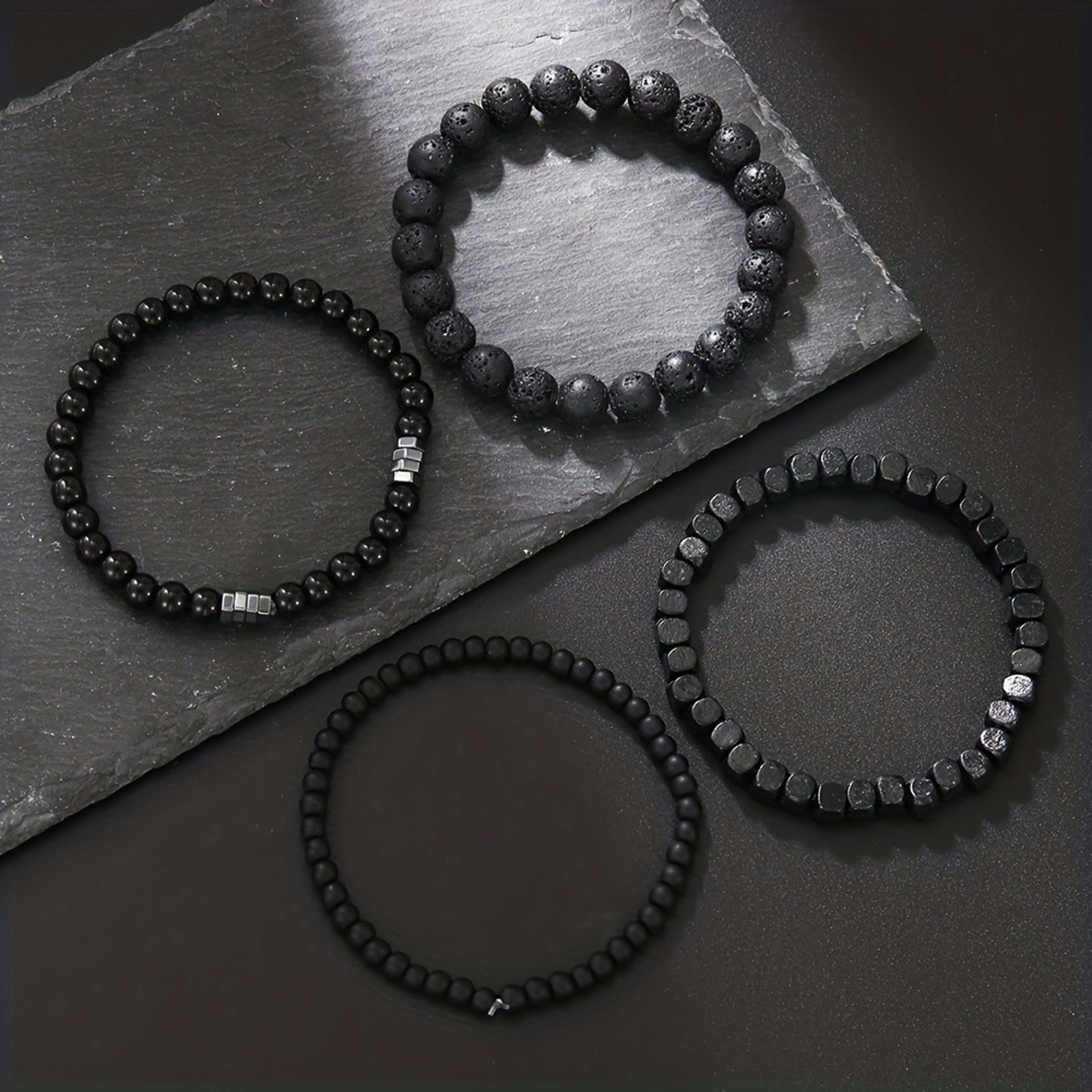 Wood Lava Rock Beads Elastic Bracelet Set For Men Women Black Volcanic Stone Couple Friends Punk Je 1