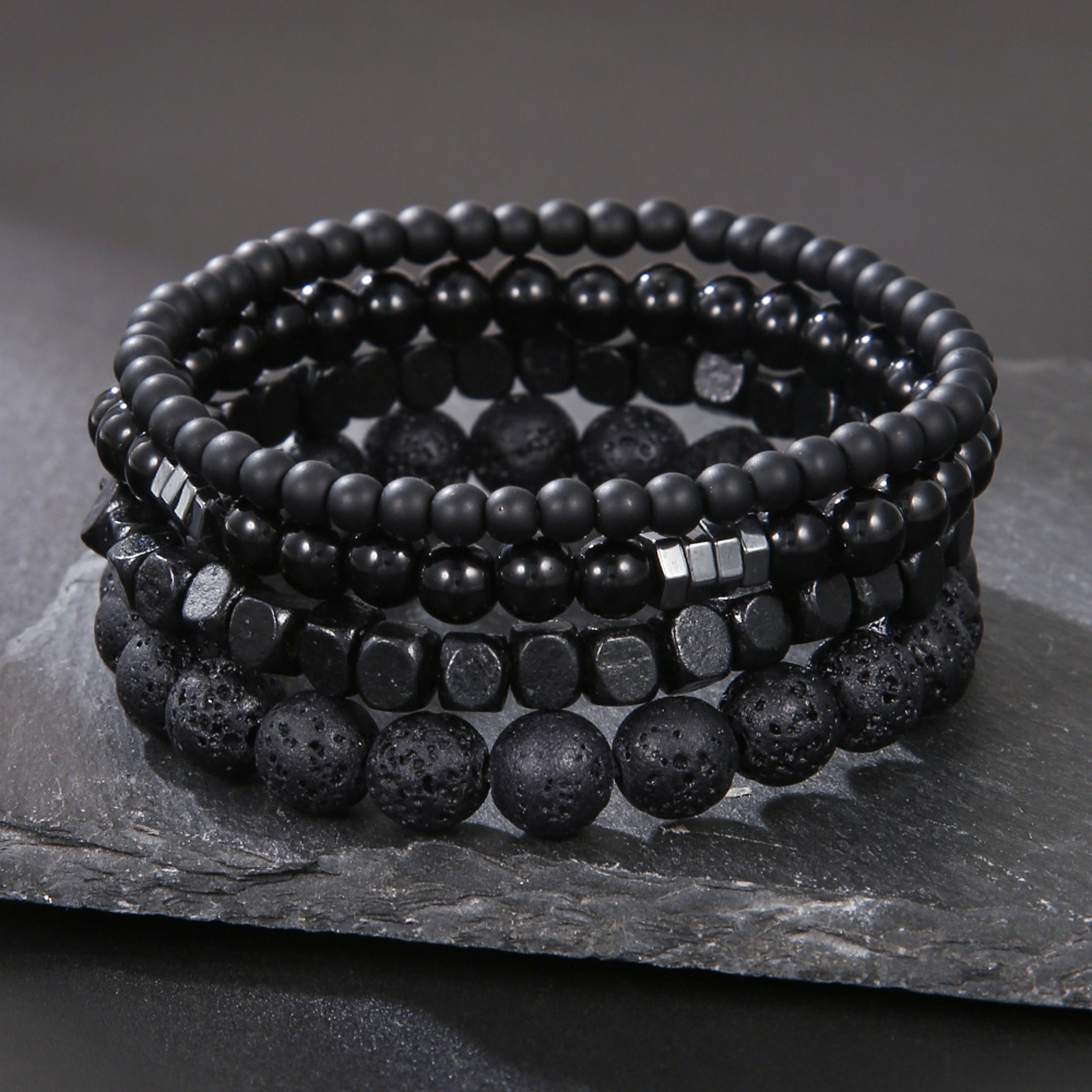 Wood Lava Rock Beads Elastic Bracelet Set For Men Women Black Volcanic Stone Couple Friends Punk Je 3