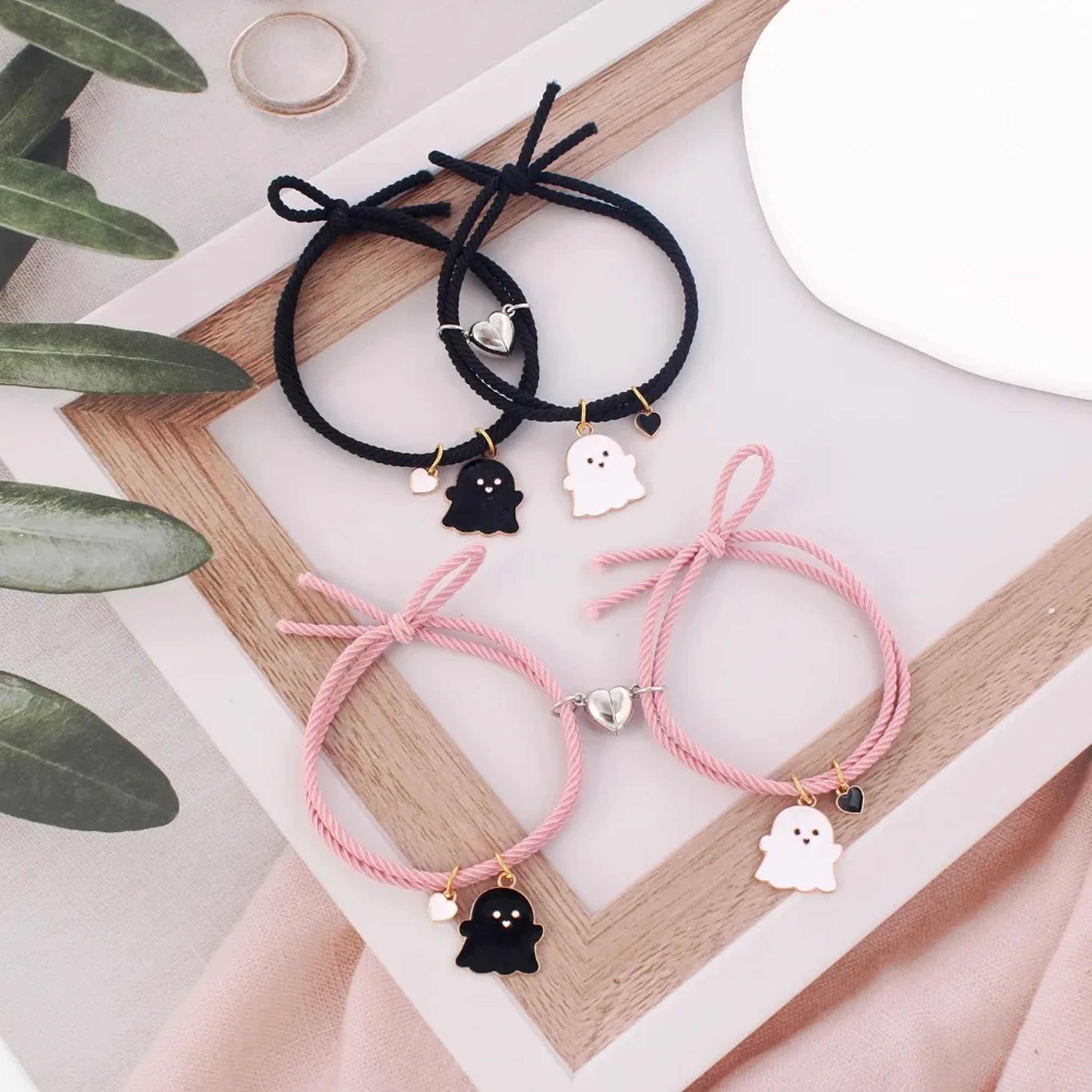 Ghost Braided Bracelet Set For Lovers Long Distance Heart Magnet Couple Friendship Jewelry Gift 0