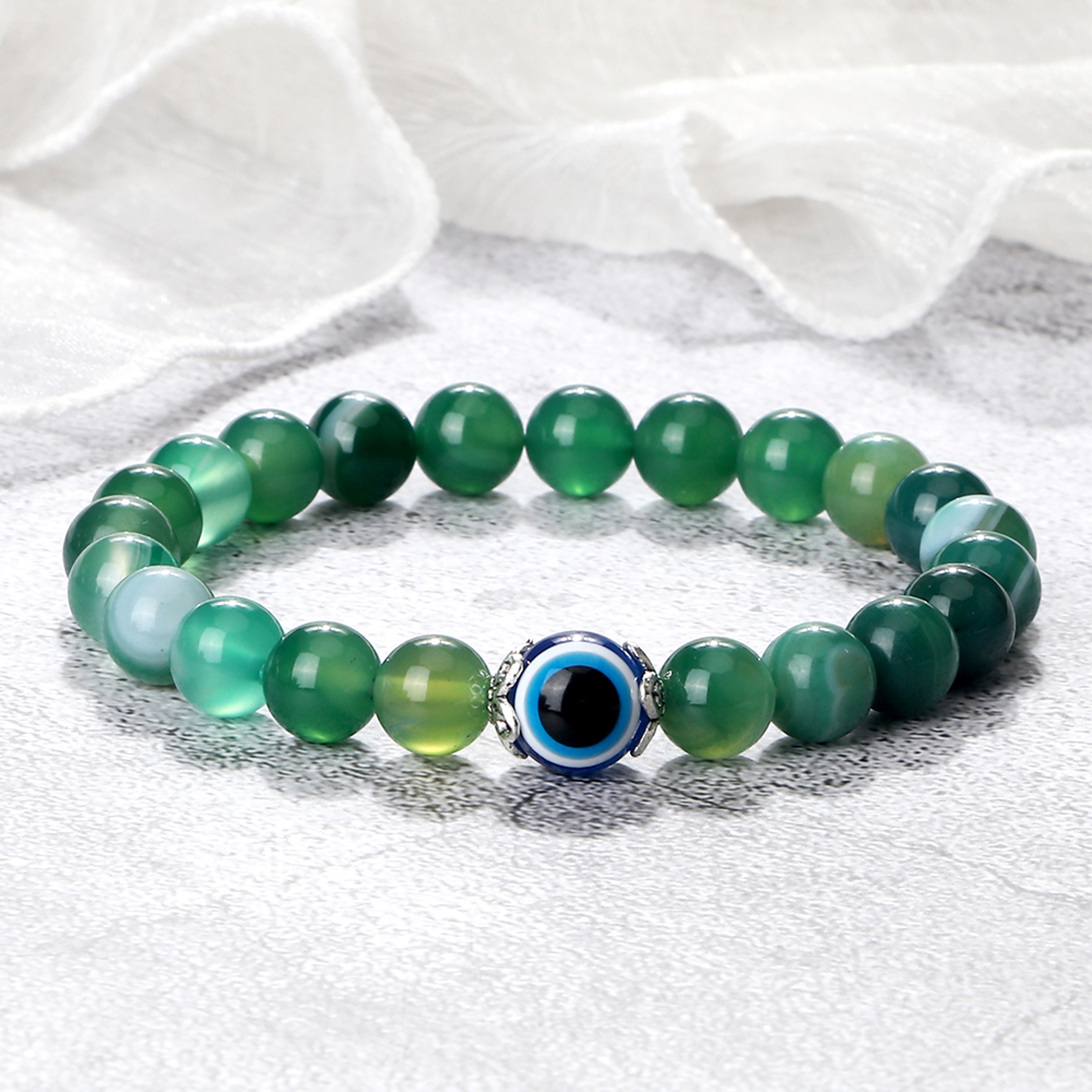 Tiger Eye Beaded Bracelet With Natural White Porcelain Flower Spacer Evil Eye Distance Couple Elast 3