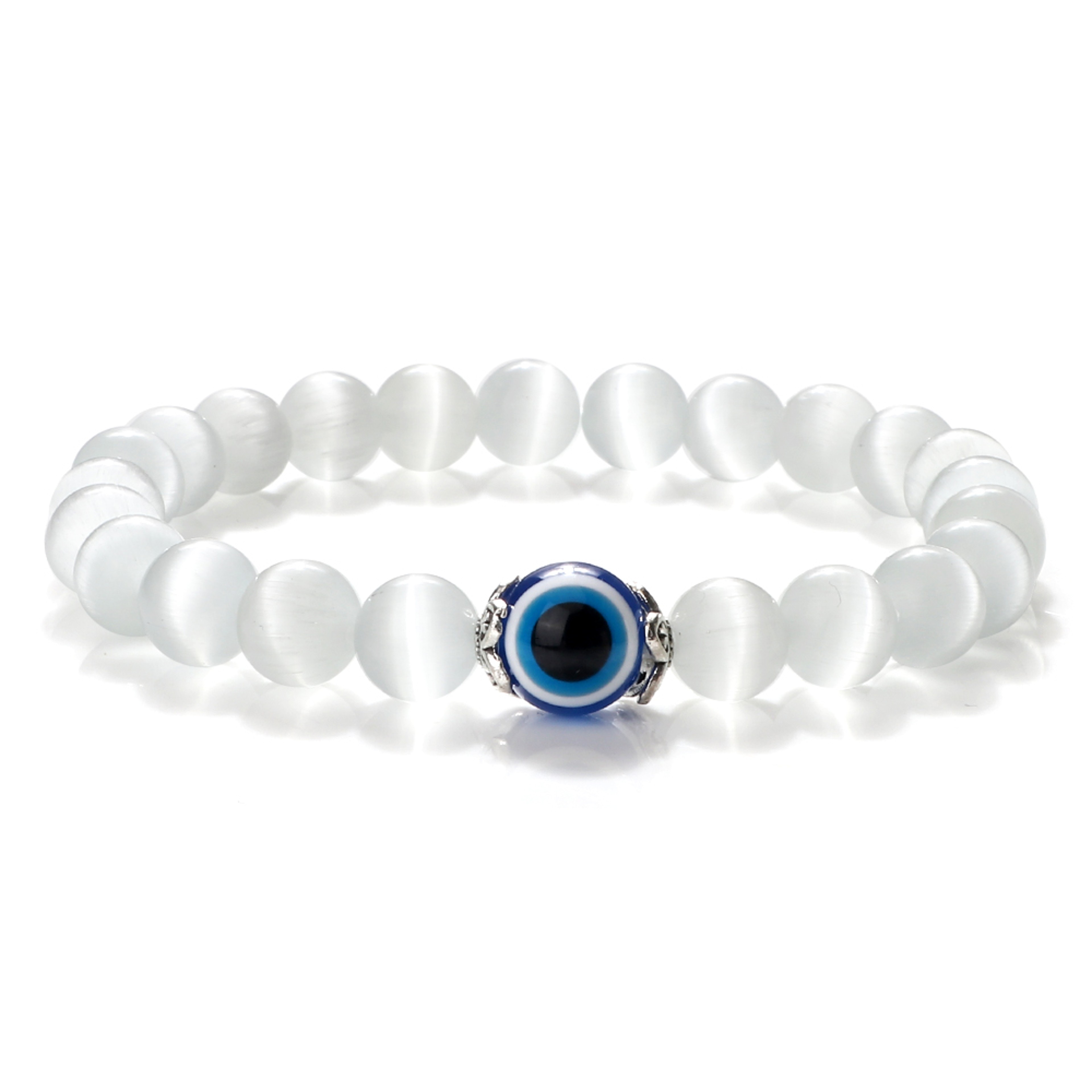 Tiger Eye Beaded Bracelet With Natural White Porcelain Flower Spacer Evil Eye Distance Couple Elast 9