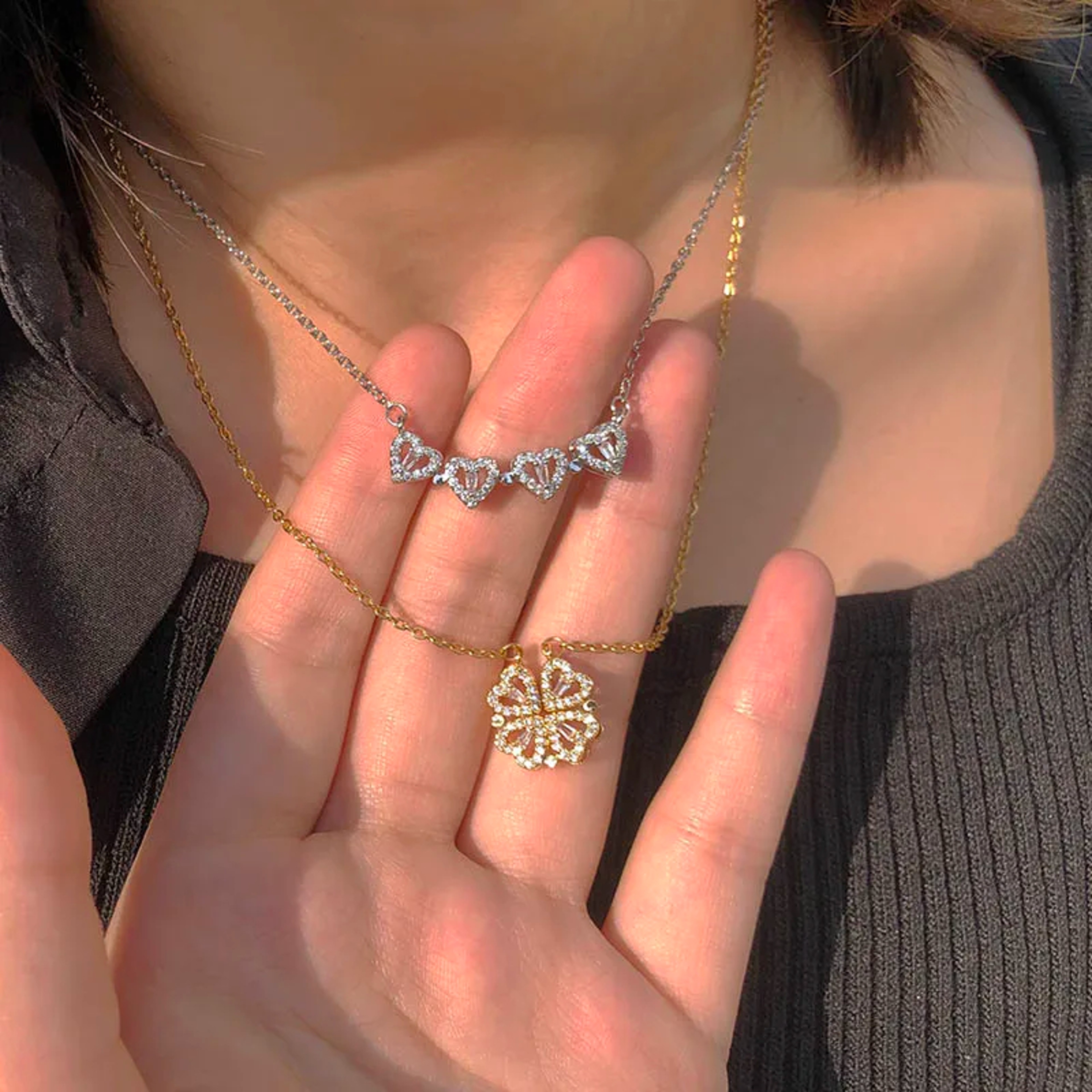 Openable Heart Four Leaf Clover Pendant Necklace, Vintage Magnetic Choker Jewelry, Women Zircon Love Gifts – view 1