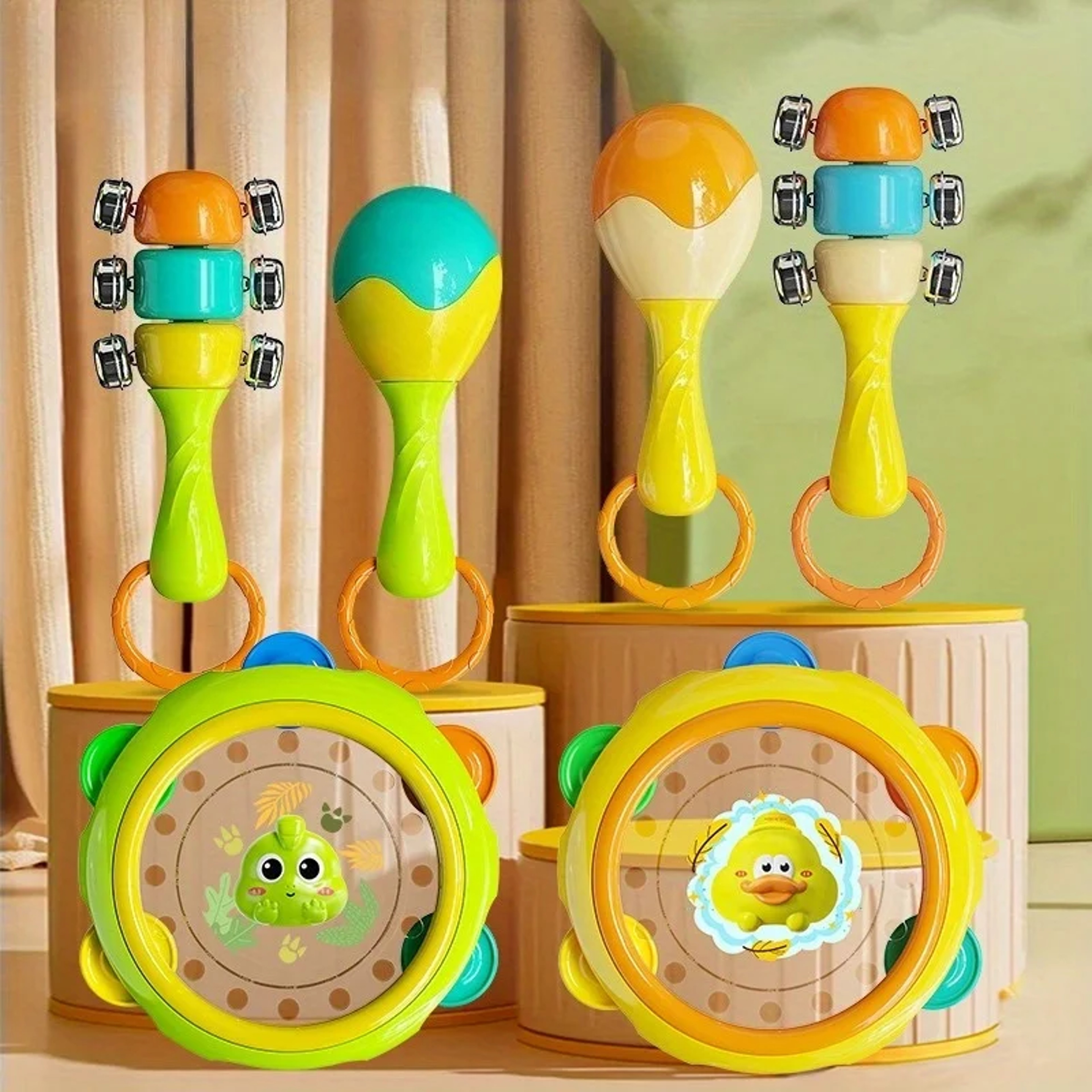 Vibrant Yellow And Green Musical Hand Drum And Bell Set Perfect For Christmas And Halloween Gifts 2