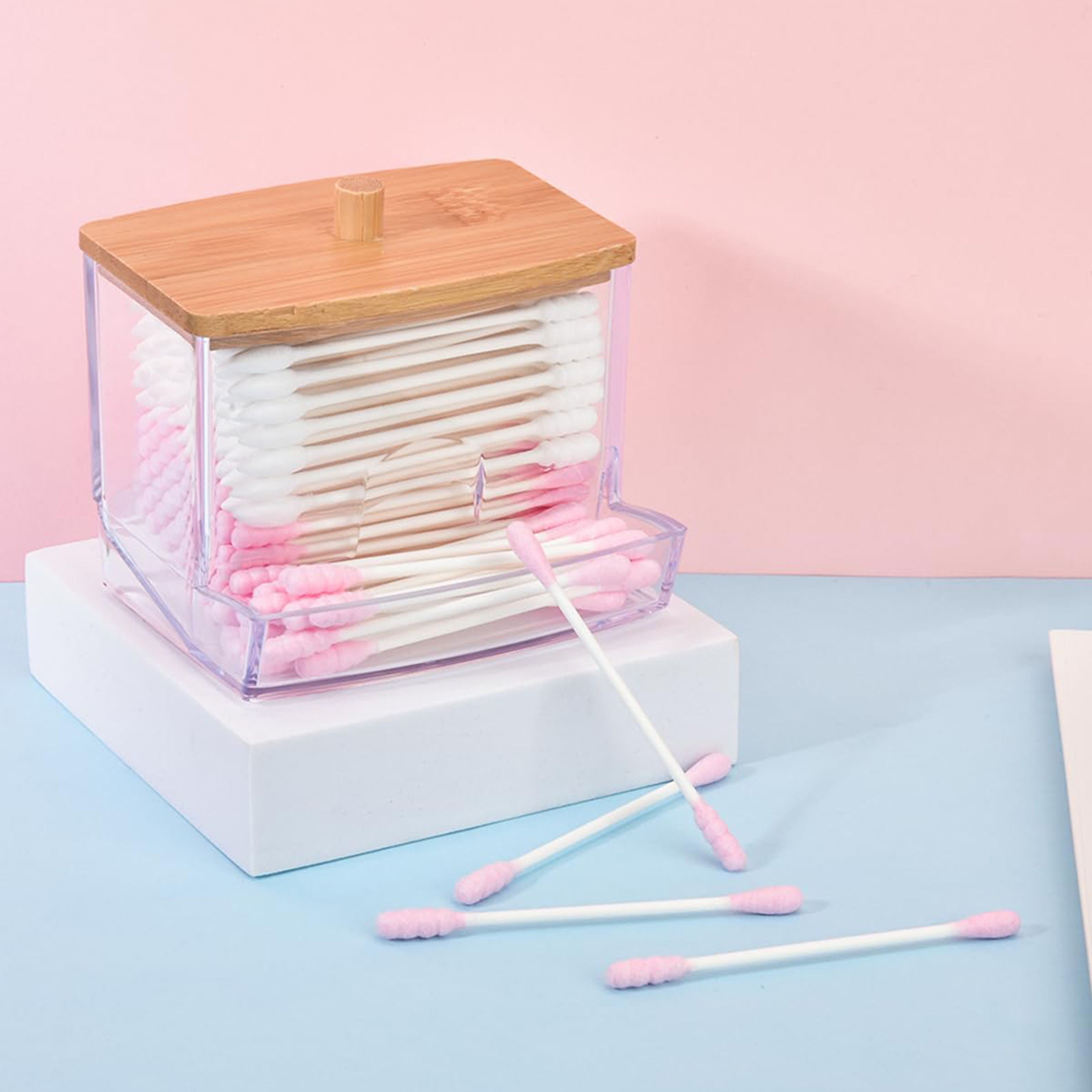 Acrylic Square Storage Box with Bamboo Cover Household Cotton Swab Tank for Bathroom Bedroom – view 1