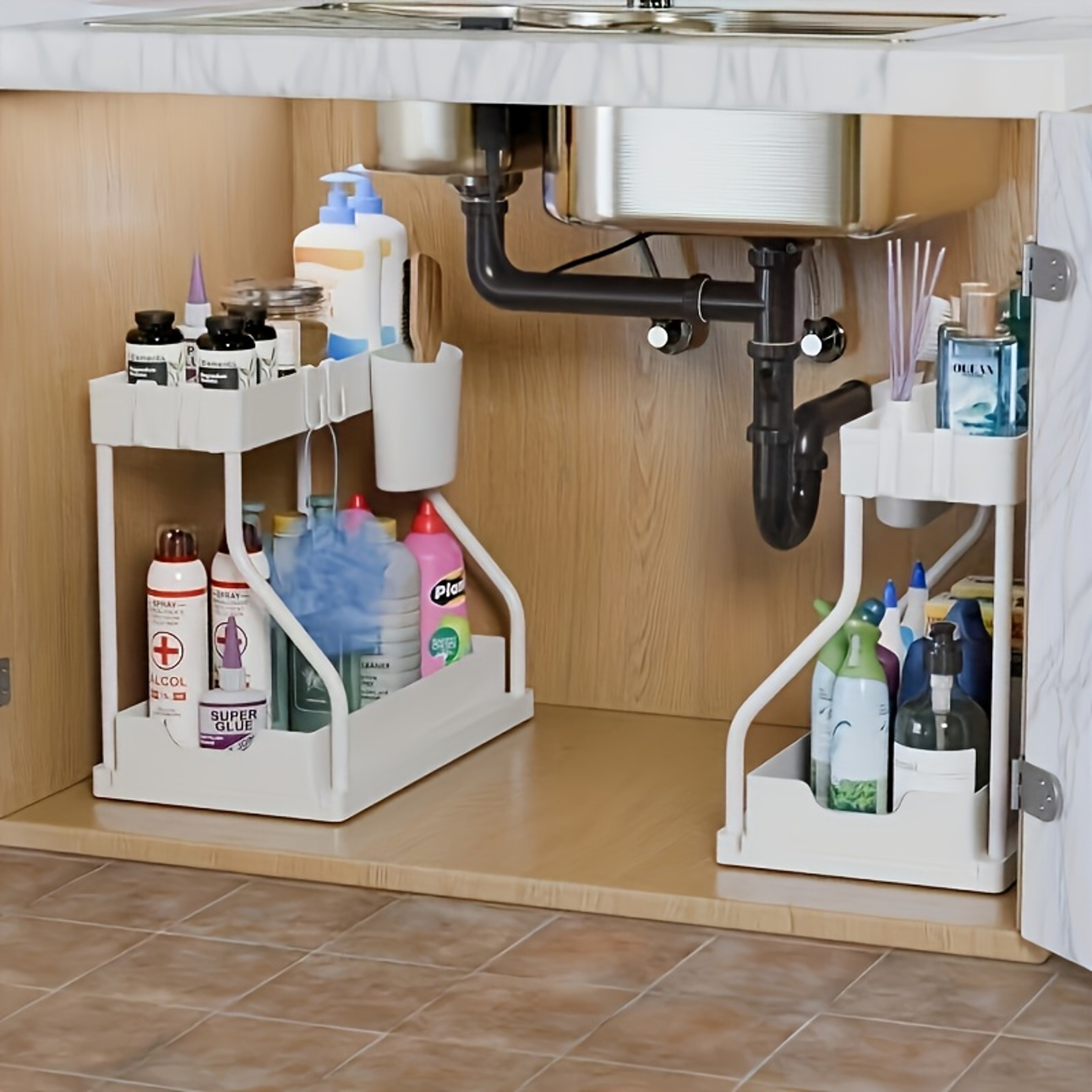 Kitchen Organizer Double Layer Storage Rack Pull-out Storage Box Cabinet Sink for Organizing – view 4