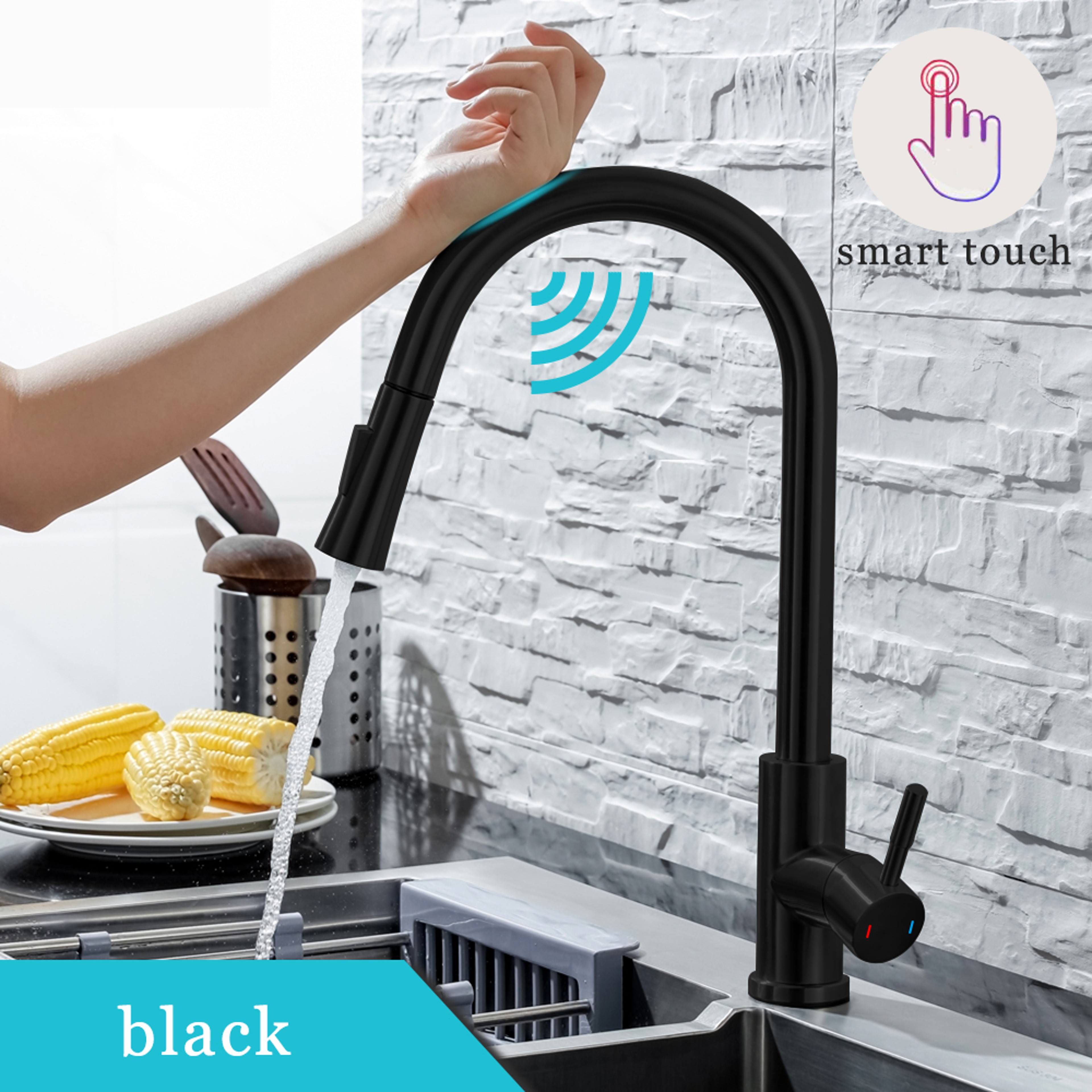 Smart Touch Kitchen Faucet Pull Out Brushed Nickel Black Sensor Stainless Steel Induction Mixed Tap 6