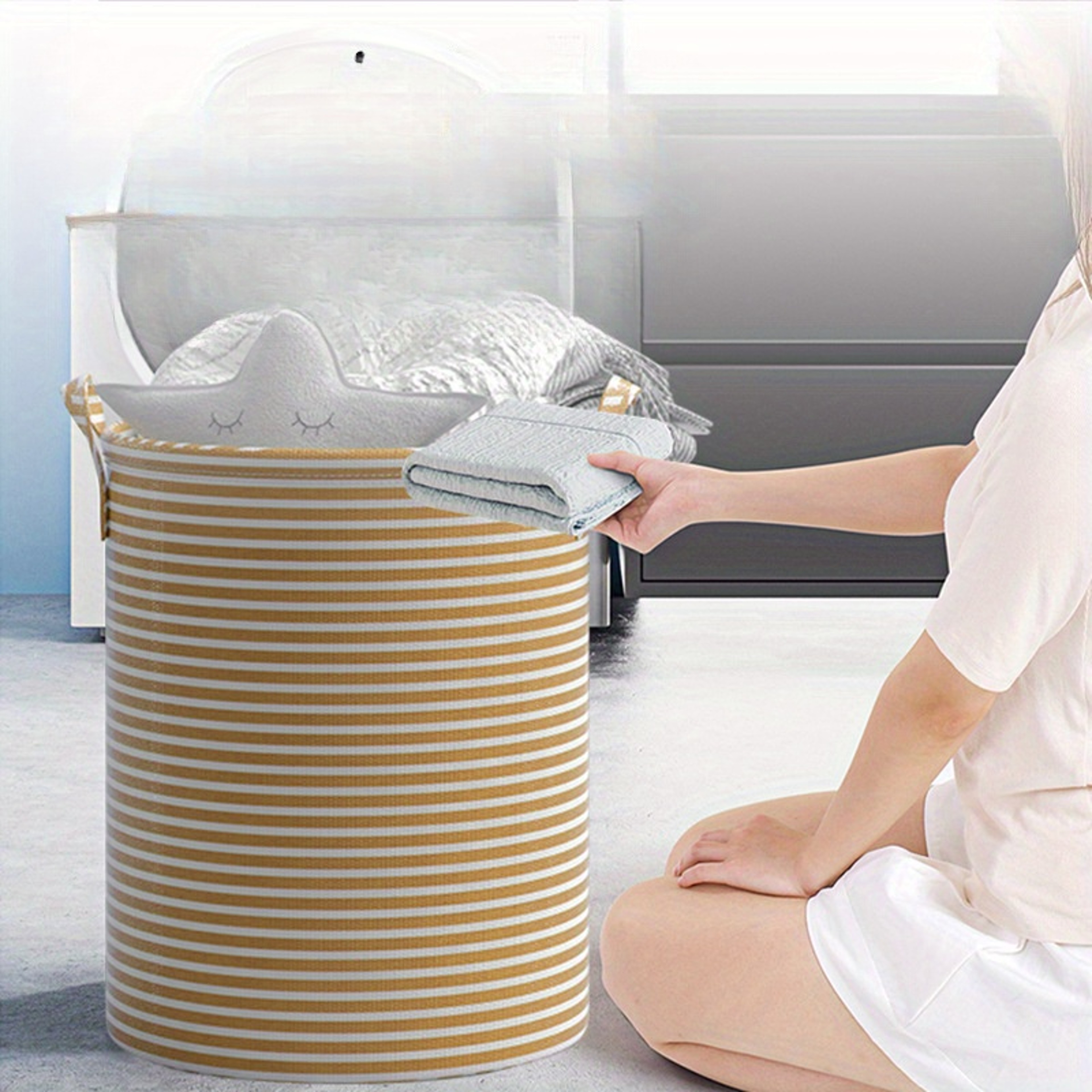 Collapsible Storage Organizer Foldable Minimalist Striped Laundry Basket For Bathroom Bedroom Toy C 3