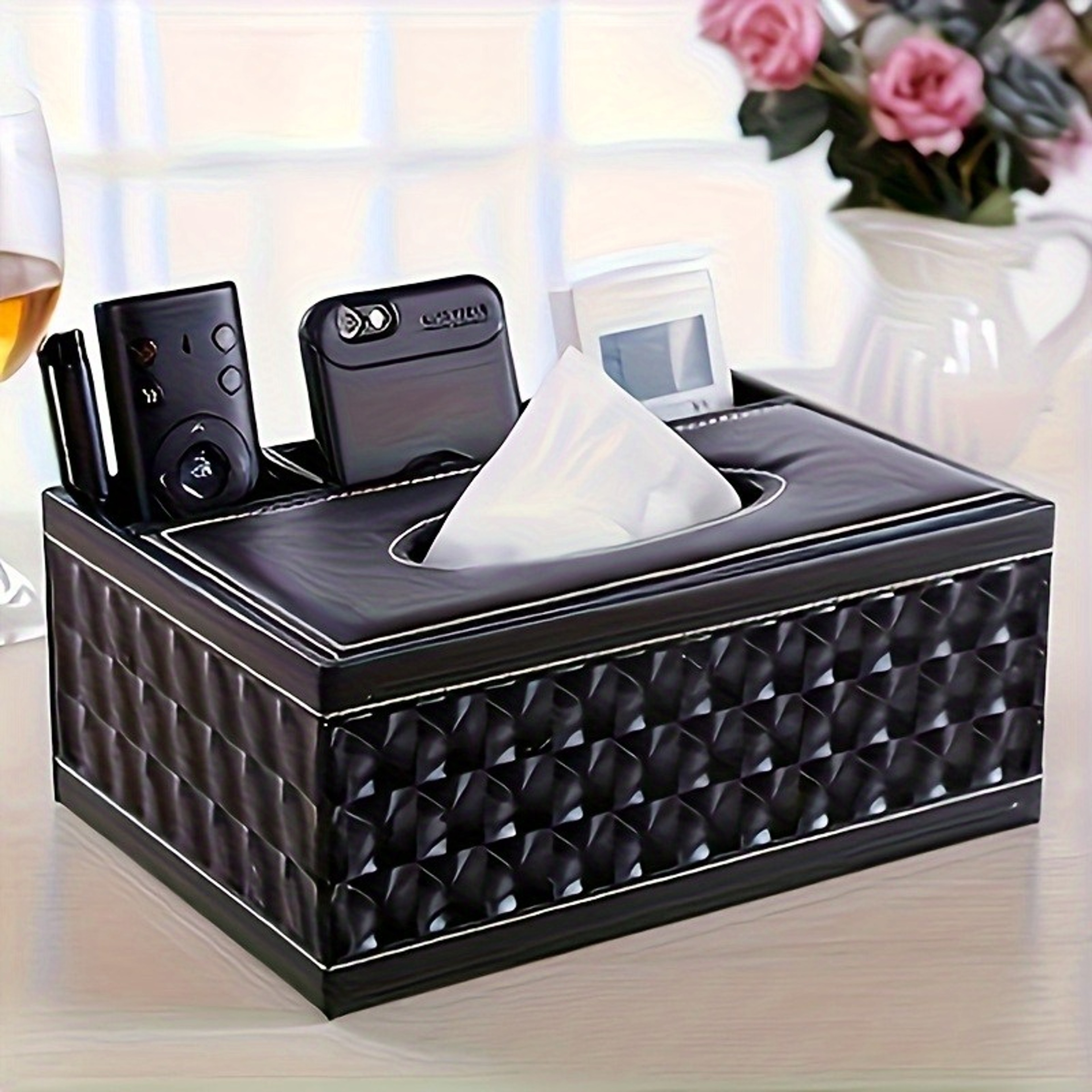 Stylish Living Room Decor Faux Leather Tissue Box Cover With Remote Holder Desktop Storage Organize 2