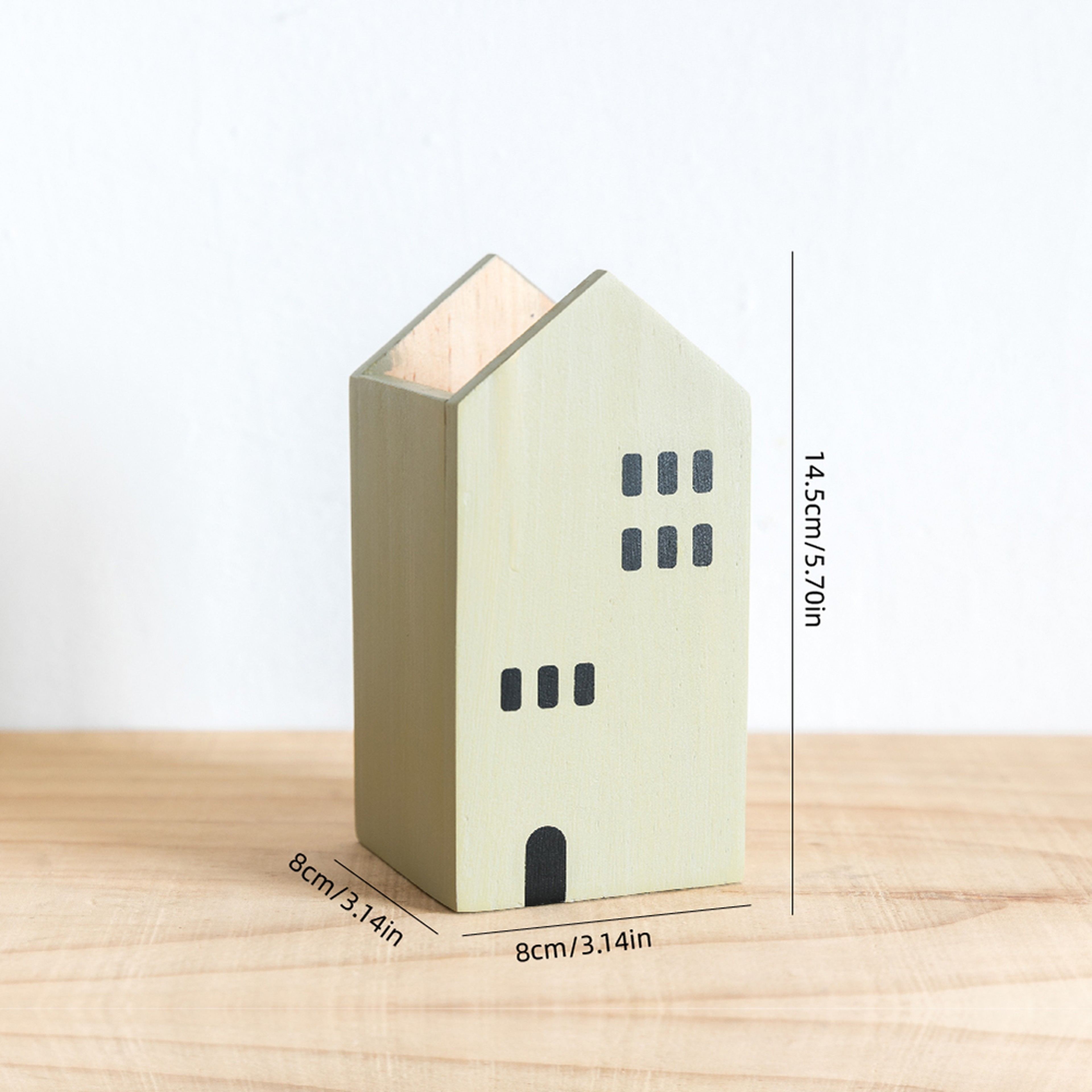 Wooden Pen Holder Cartoon House Storage Box for Stationery Makeup Brushes Student Desktop Organizer – view 10
