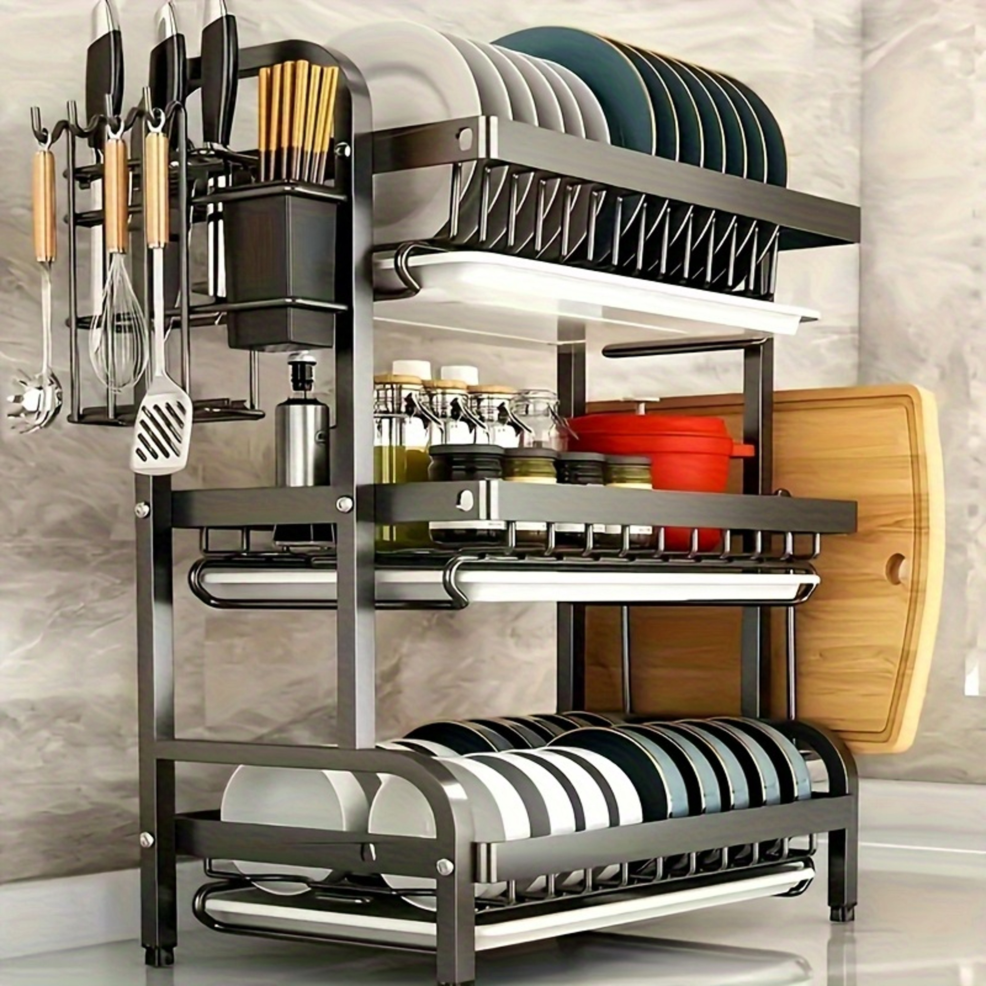 Large Capacity Dish Drainer ThreeTier SpaceSaving Dish Rack Utensil Holder For Kitchen Tableware 3