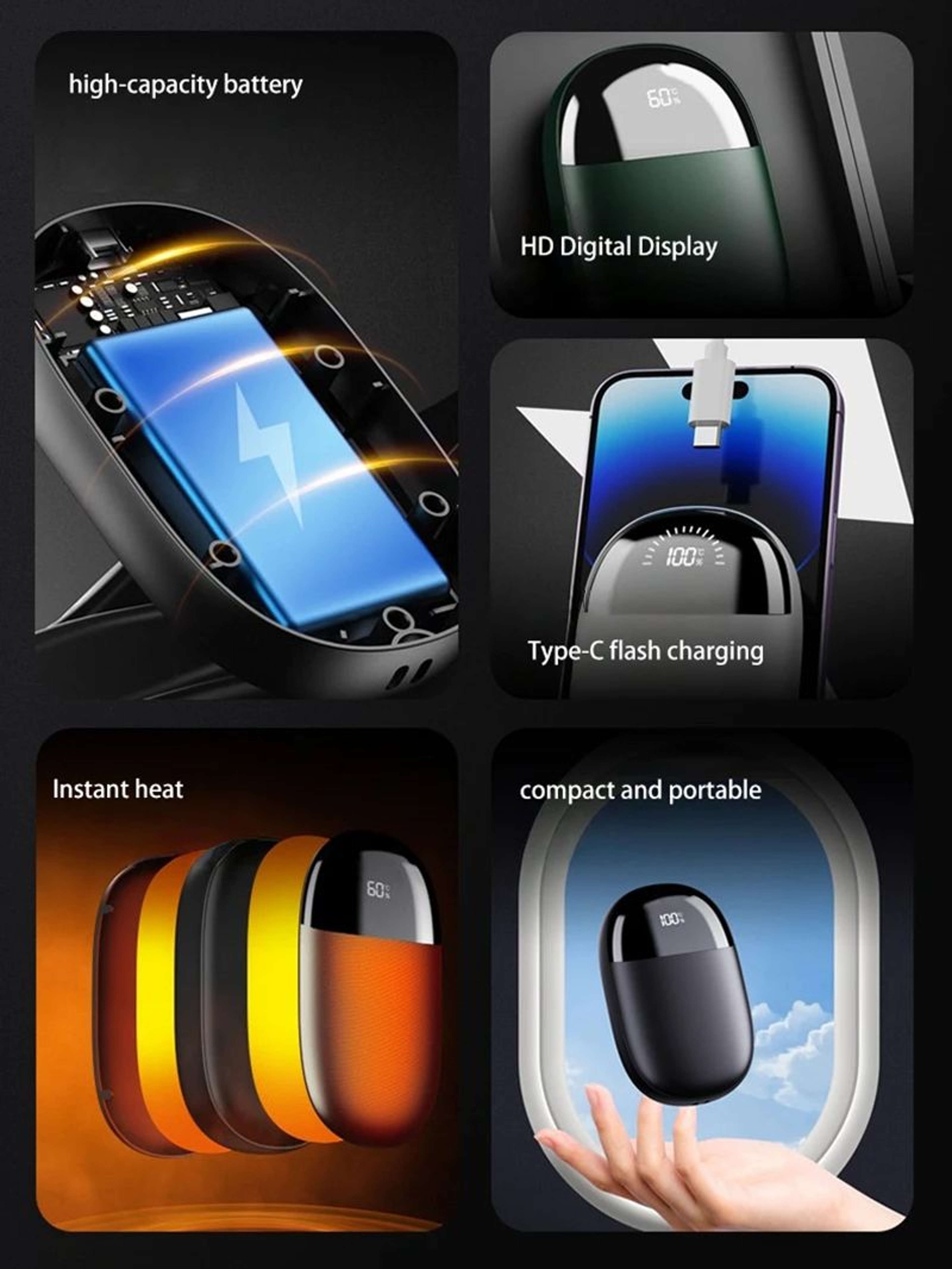 Double Sided Heating Portable Hand Warmer Large Capacity Adjustable Temperature Digital Display Win 4