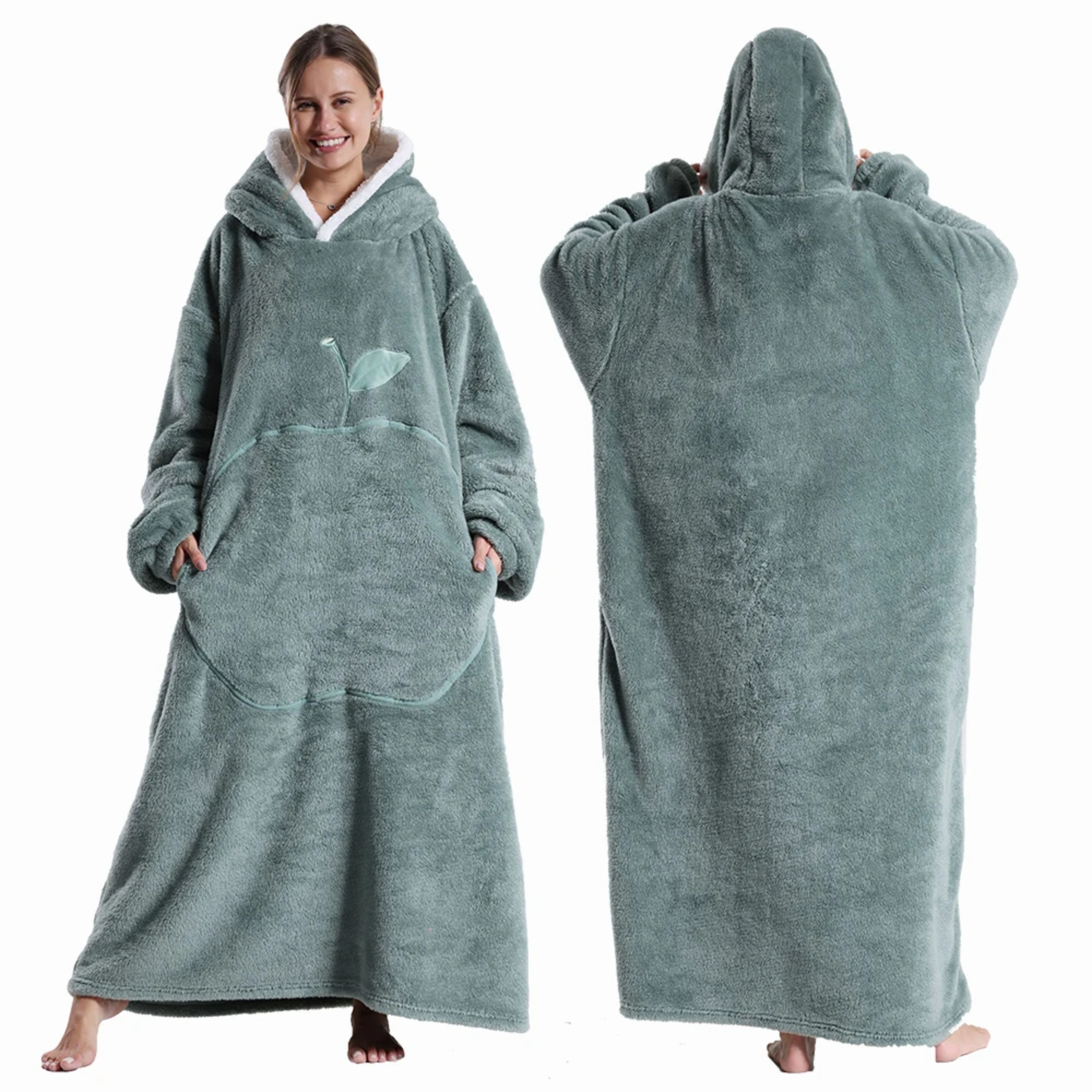 Extra Long Wearable Blankets Winter Flannel Hooded Blanket with Full Sleeves Men Women Cozy Soft Thr